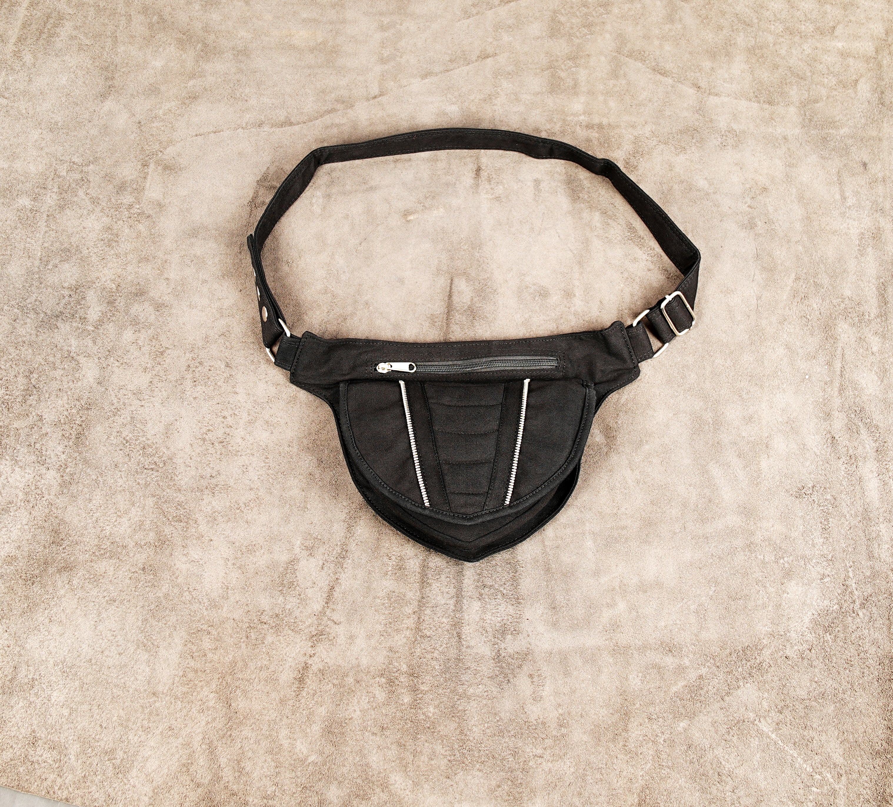 Black cotton waist belt bag with dual zipper pockets