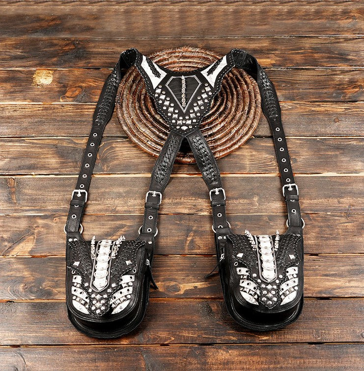 studded black and white leather holster harness bag USA
