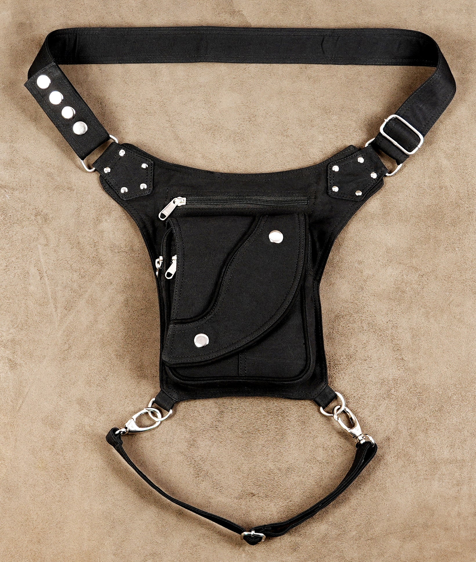 Cotton thigh holster pouch with front flap and silver snaps