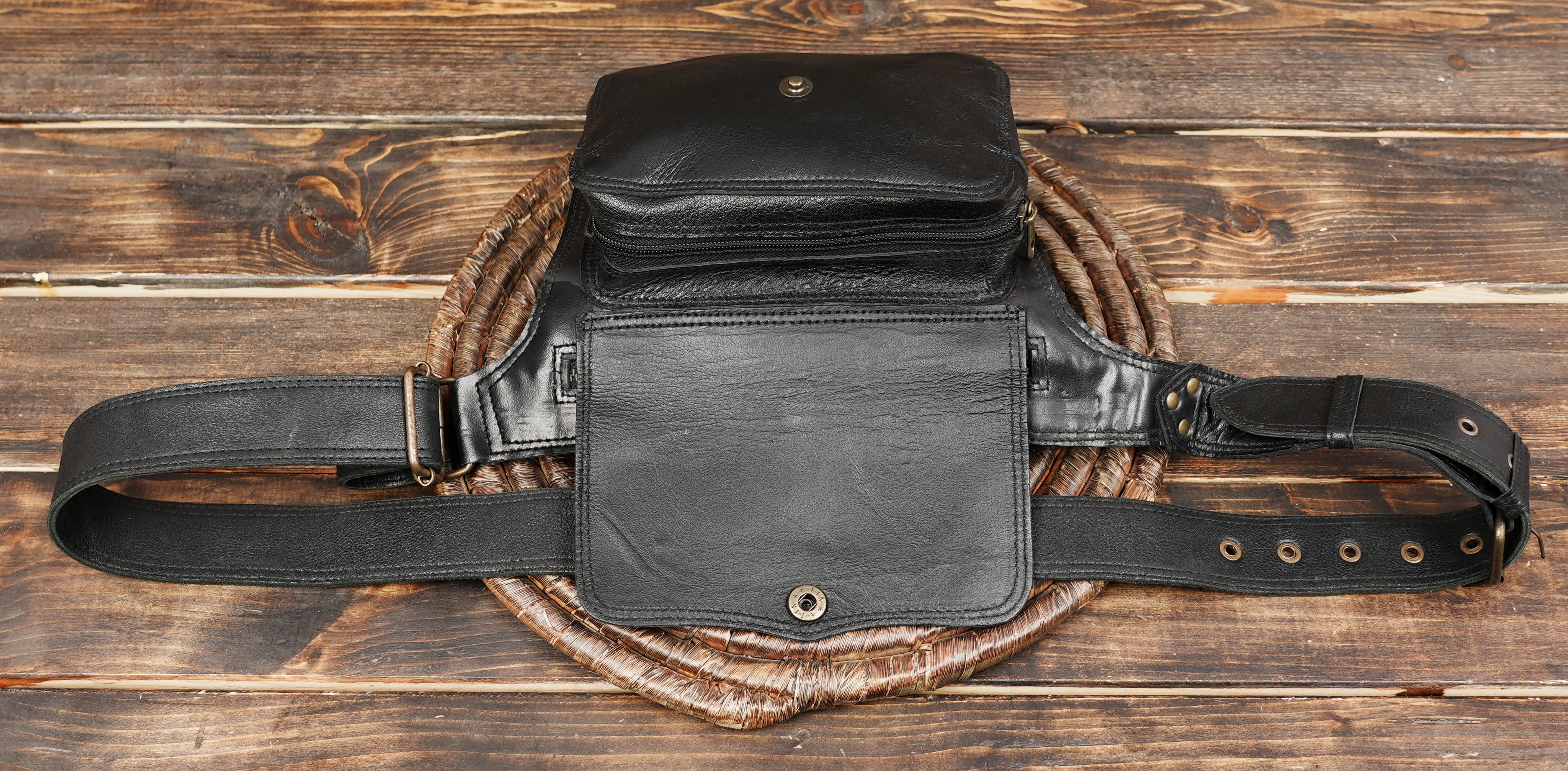 Black Genuine Leather Waist Belt Bag with Zip Pocket || Unisex Black Leather Belt Pouch with Zipper Closure (LT/AB/WB/6076)