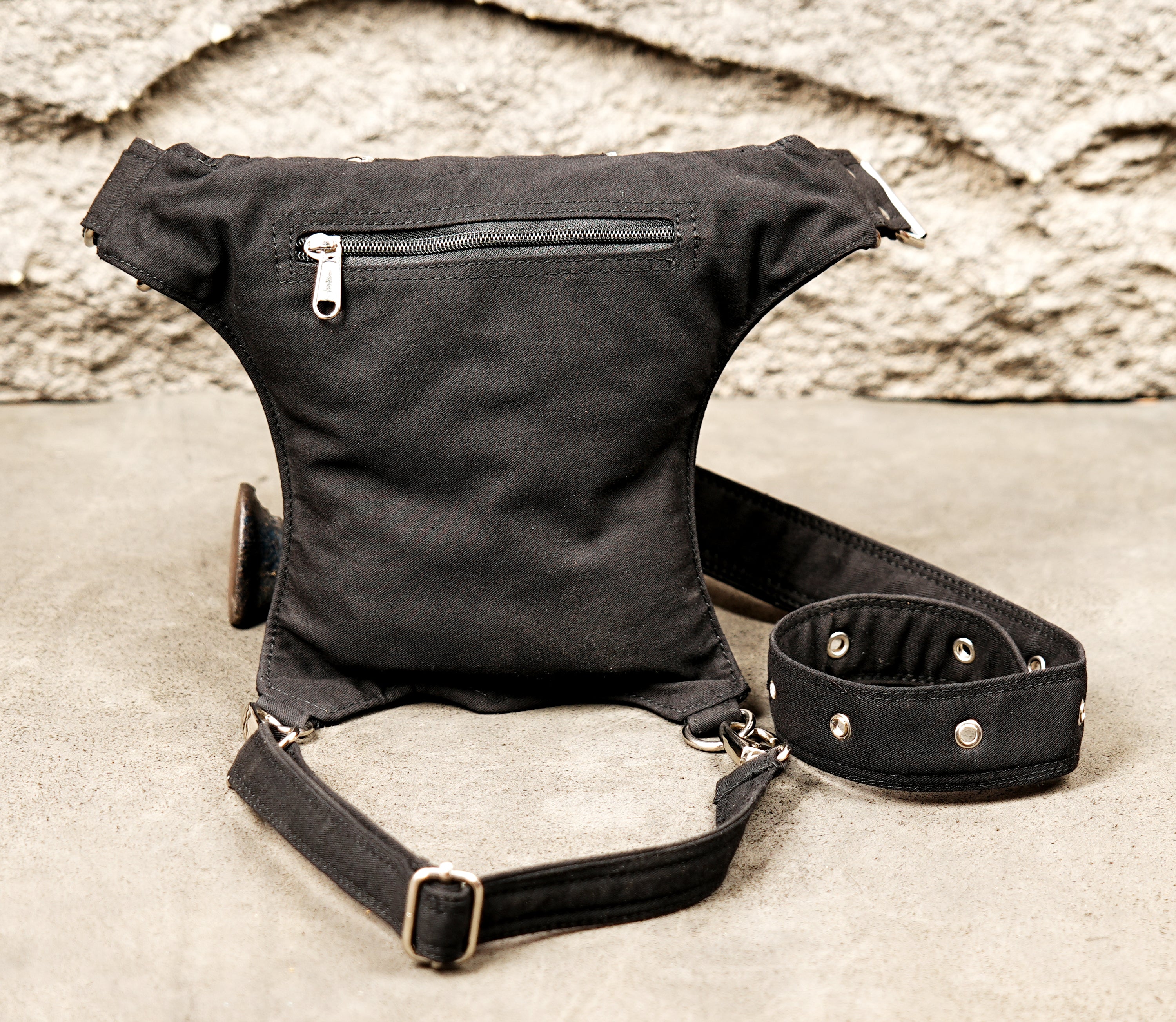 Steampunk style black canvas hip and leg bag with zippers