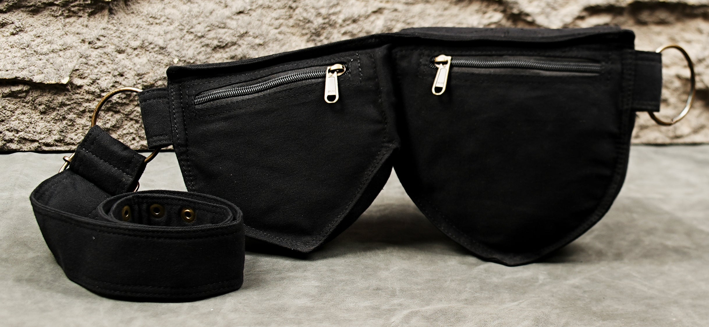 Handmade Renaissance fair black cotton belt with two leaf pockets