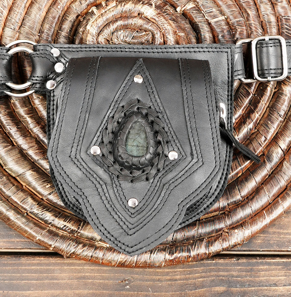 Handmade Black Leather Waist Belt with Gemstone Accents || Leather Waist Belt with Dual Storage Pouches and Metal Rings (LT-NS-WB-6046)