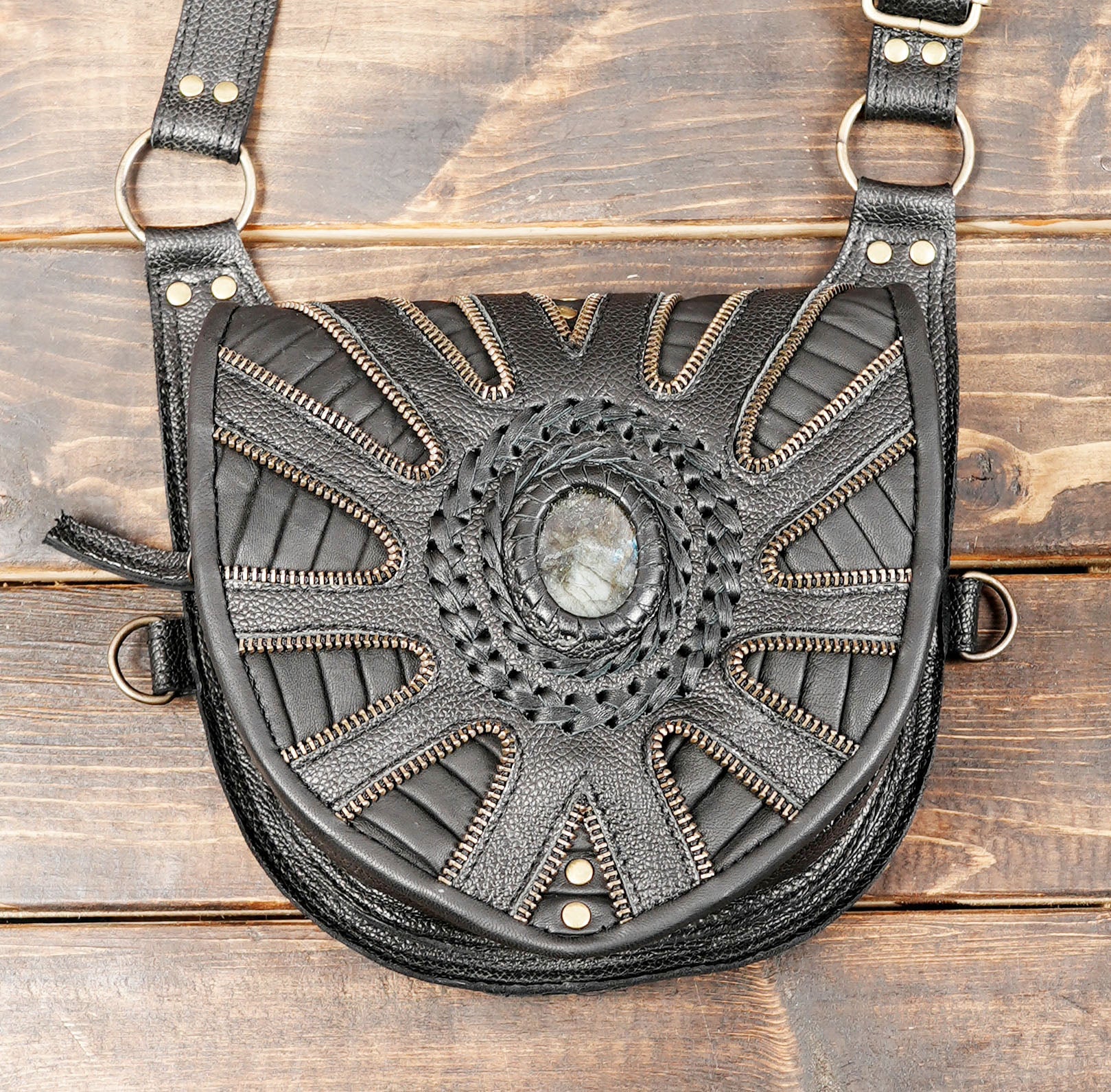 Black Leather Holster Harness with Gemstones – Handmade Festival & Cosplay Bag