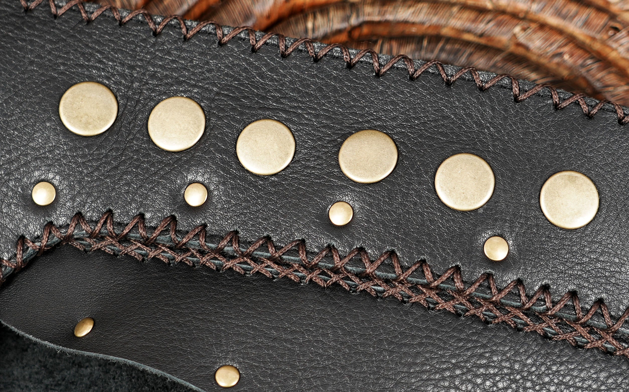 Handmade black leather skirt with rustic studs and western design