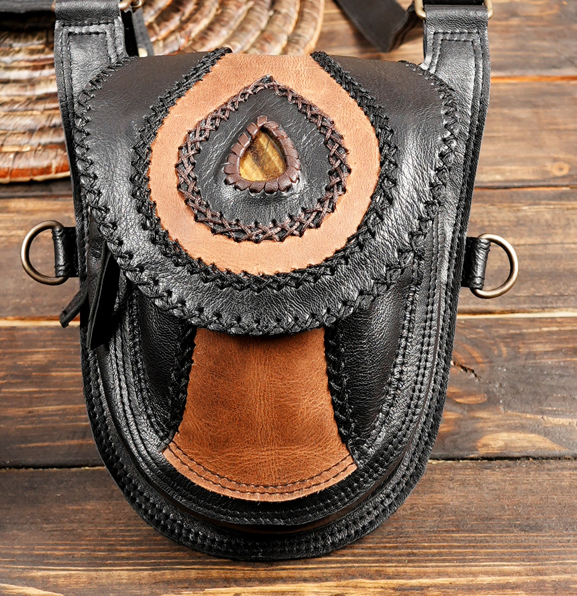Genuine leather holster harness with dual utility pouches