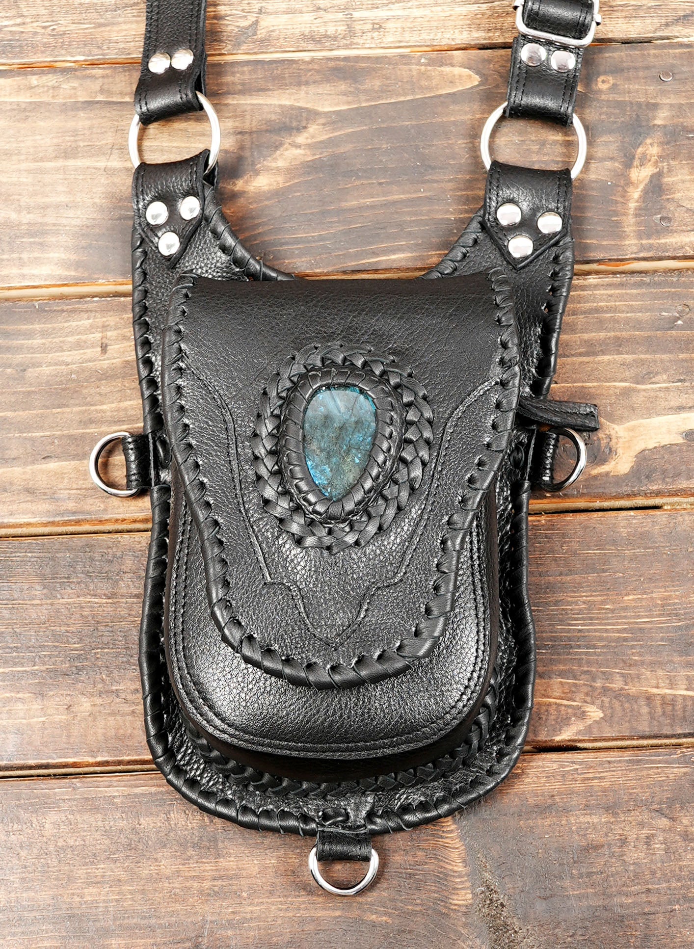 Handmade leather shoulder and waist holster bag featuring two front pouches