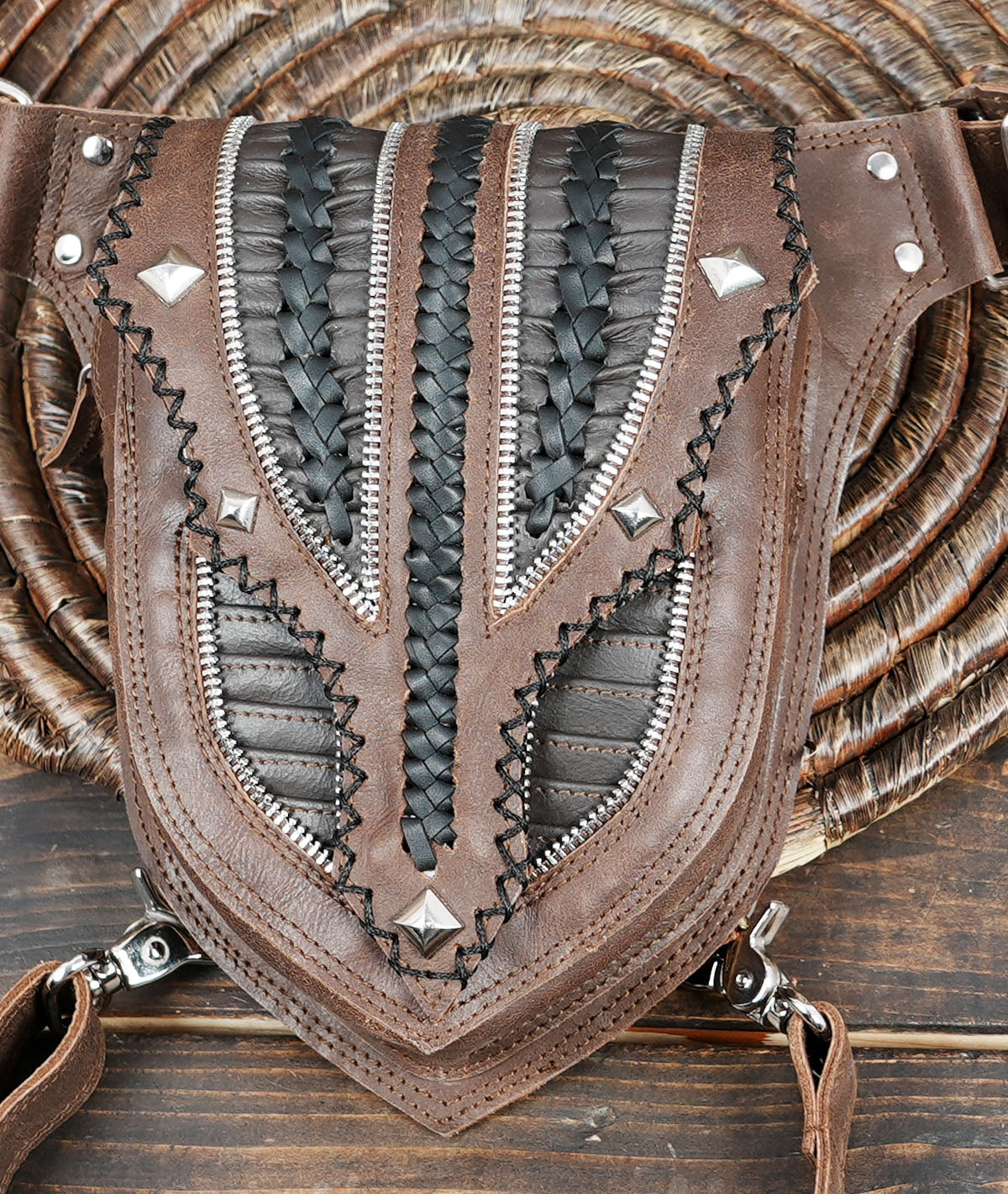 Festival-style waist pouch belt in brown and black leather mix.