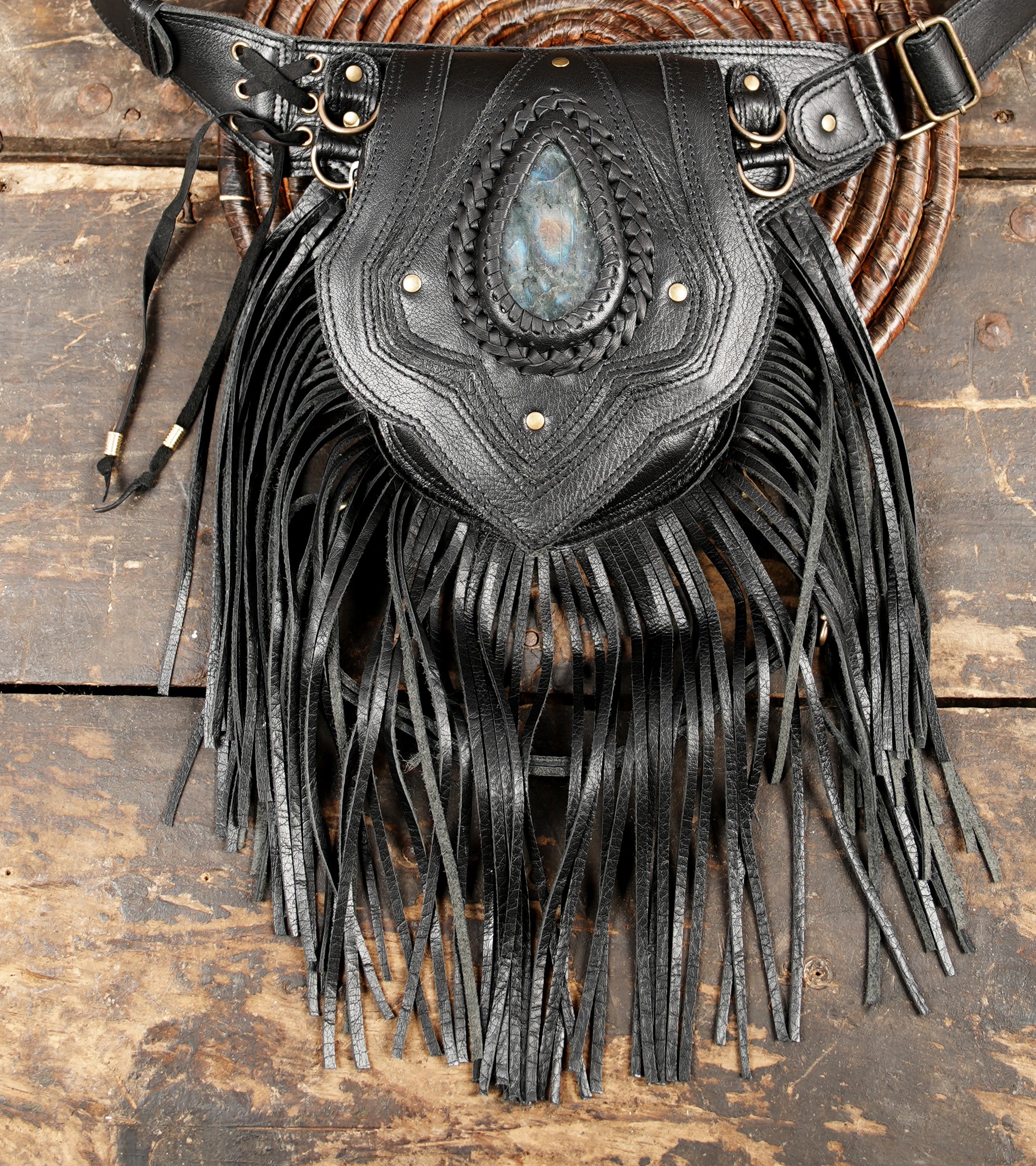 Boho Western style leather holster with gemstone detail AND FRINGES IN UNIQUE DESIGN