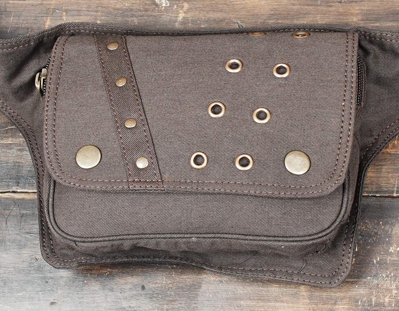 Handmade cotton hip pouch with secure zipper pocket and antique brass hardware