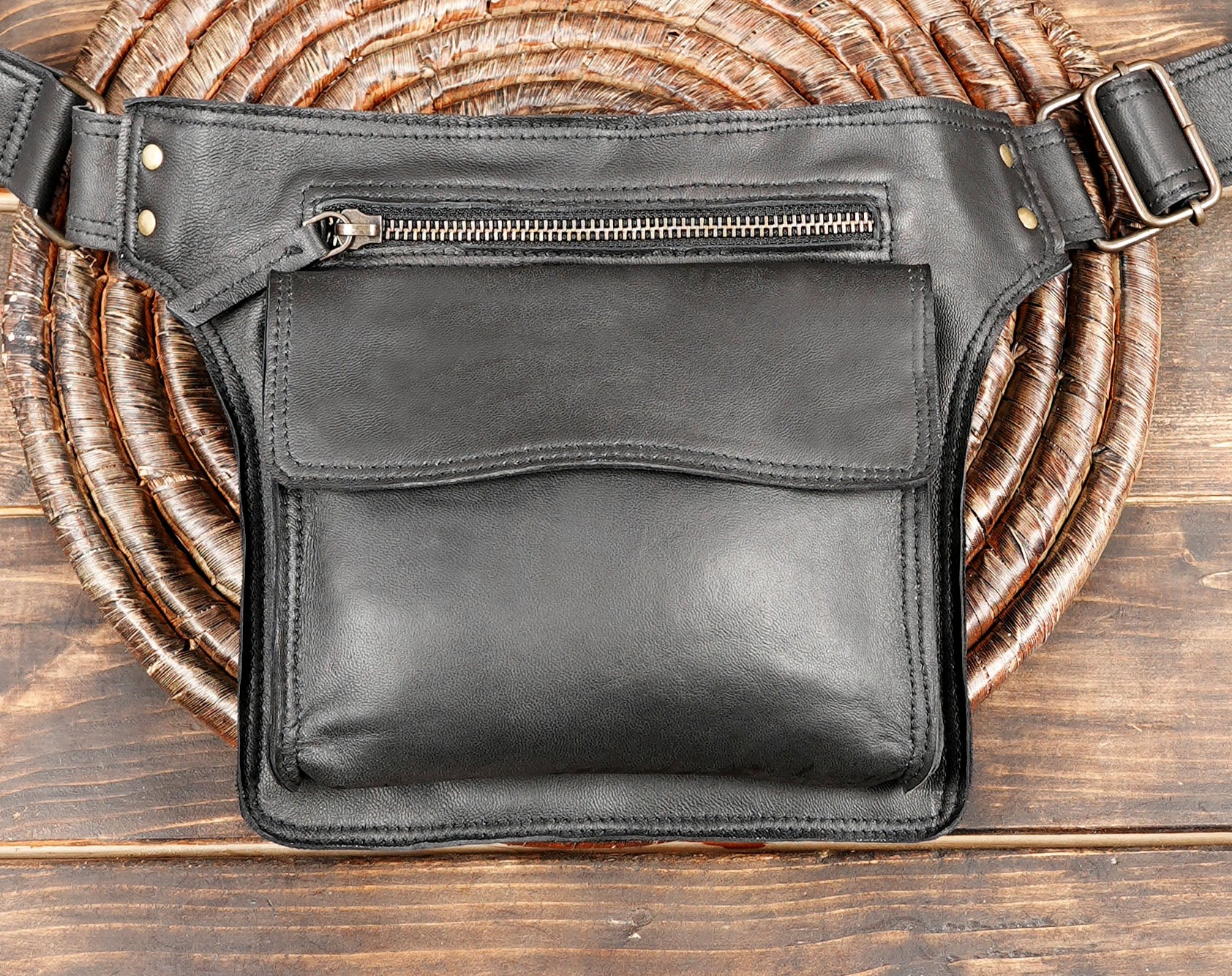 Handmade leather waist pack with multiple pockets