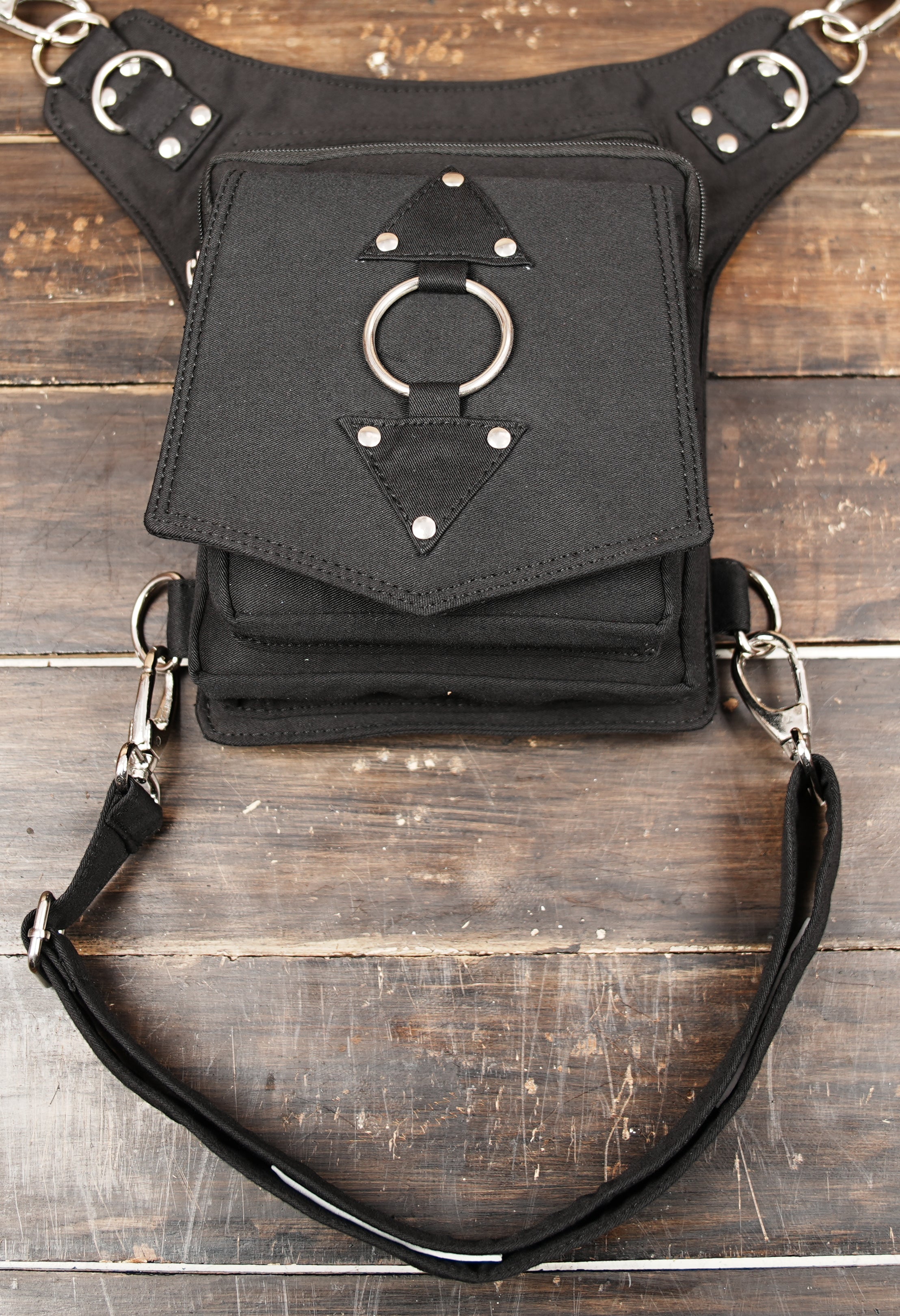 Handmade cotton waist belt bag with thigh harness and secure storage pockets