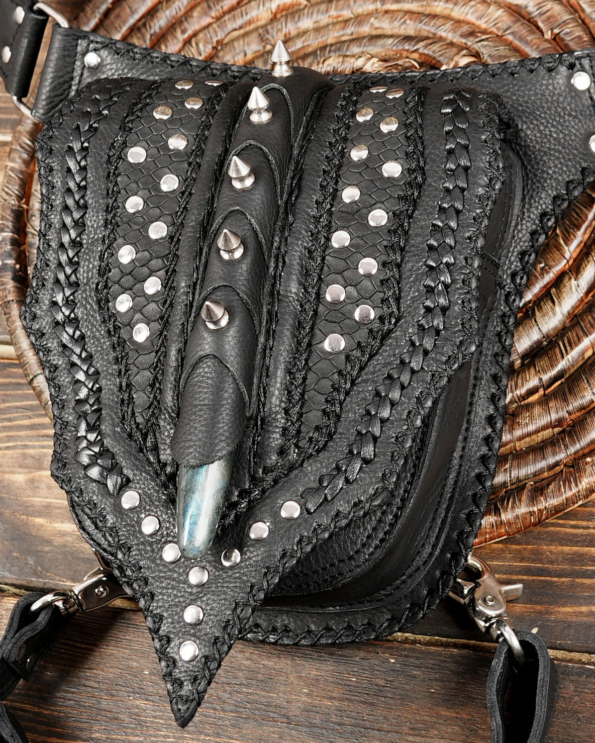 Black steampunk thigh holster bag with adjustable belt straps 