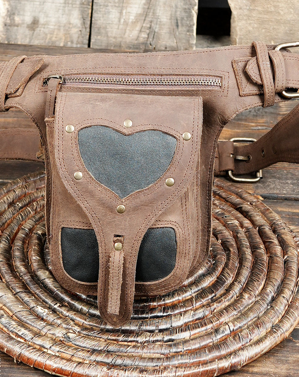 Brown & Black Leather Waist Bag – Gothic, Tribal & Festival Hip Holster