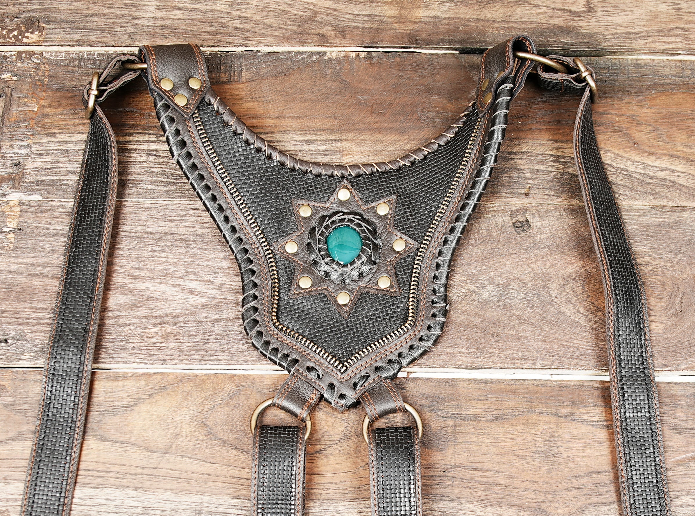 Boho gothic leather chest holster with adjustable straps and studs