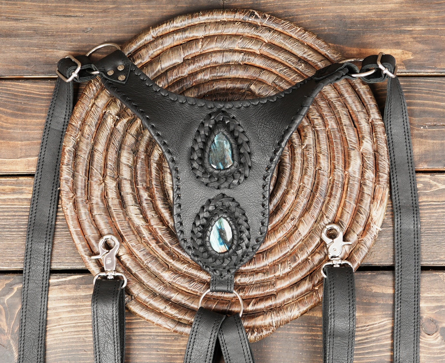 Artisan double pouch leather holster with snakeskin detail and braided trim