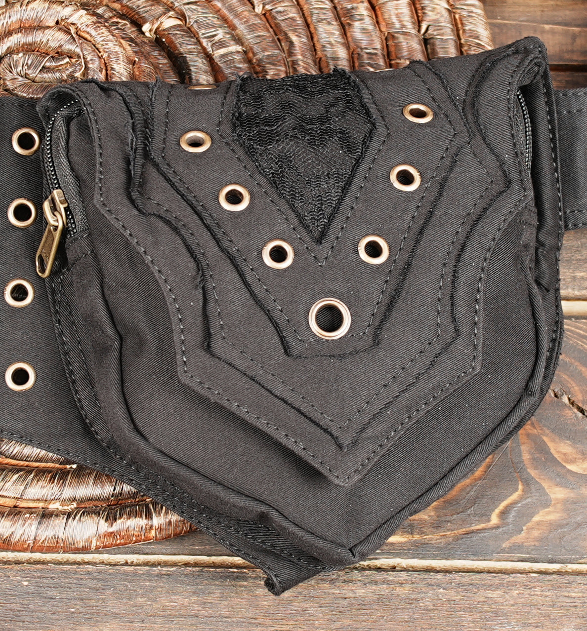 Festival utility belt bag with antique brass hardware and metal eyelets