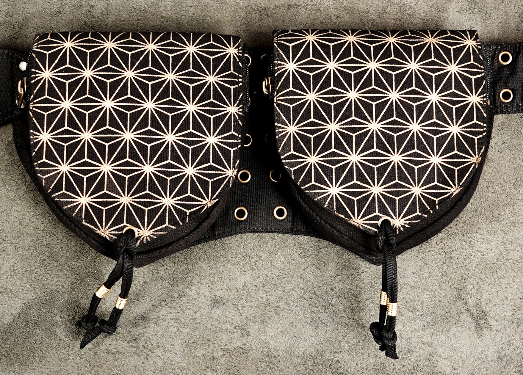 Three-pocket utility belt bag for festivals with brass buckle and star pattern