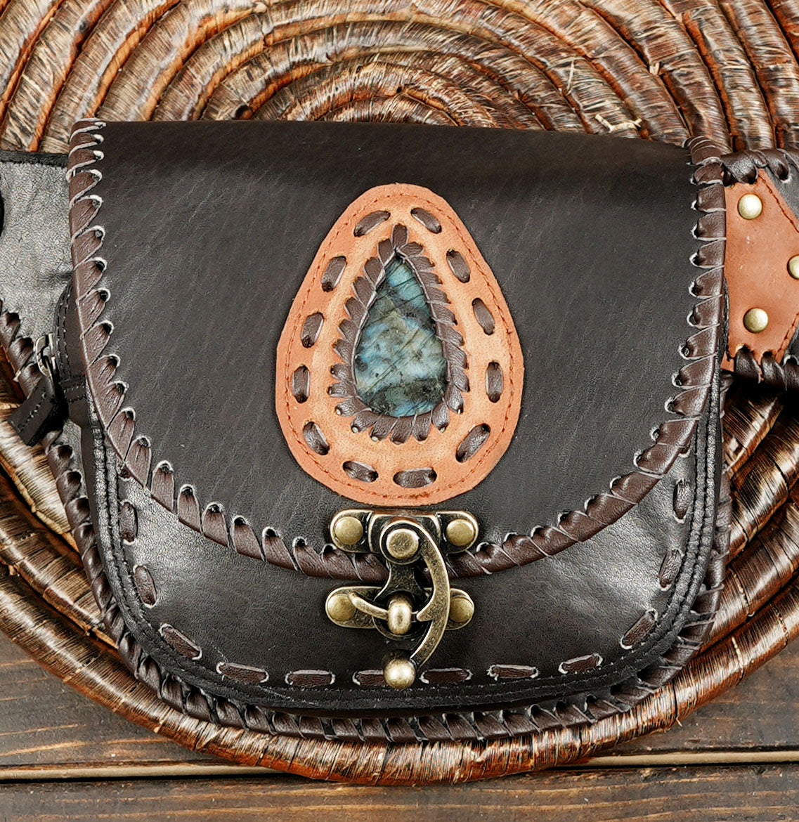 Artisan leather waist pouch with two compartments and natural stone inlays