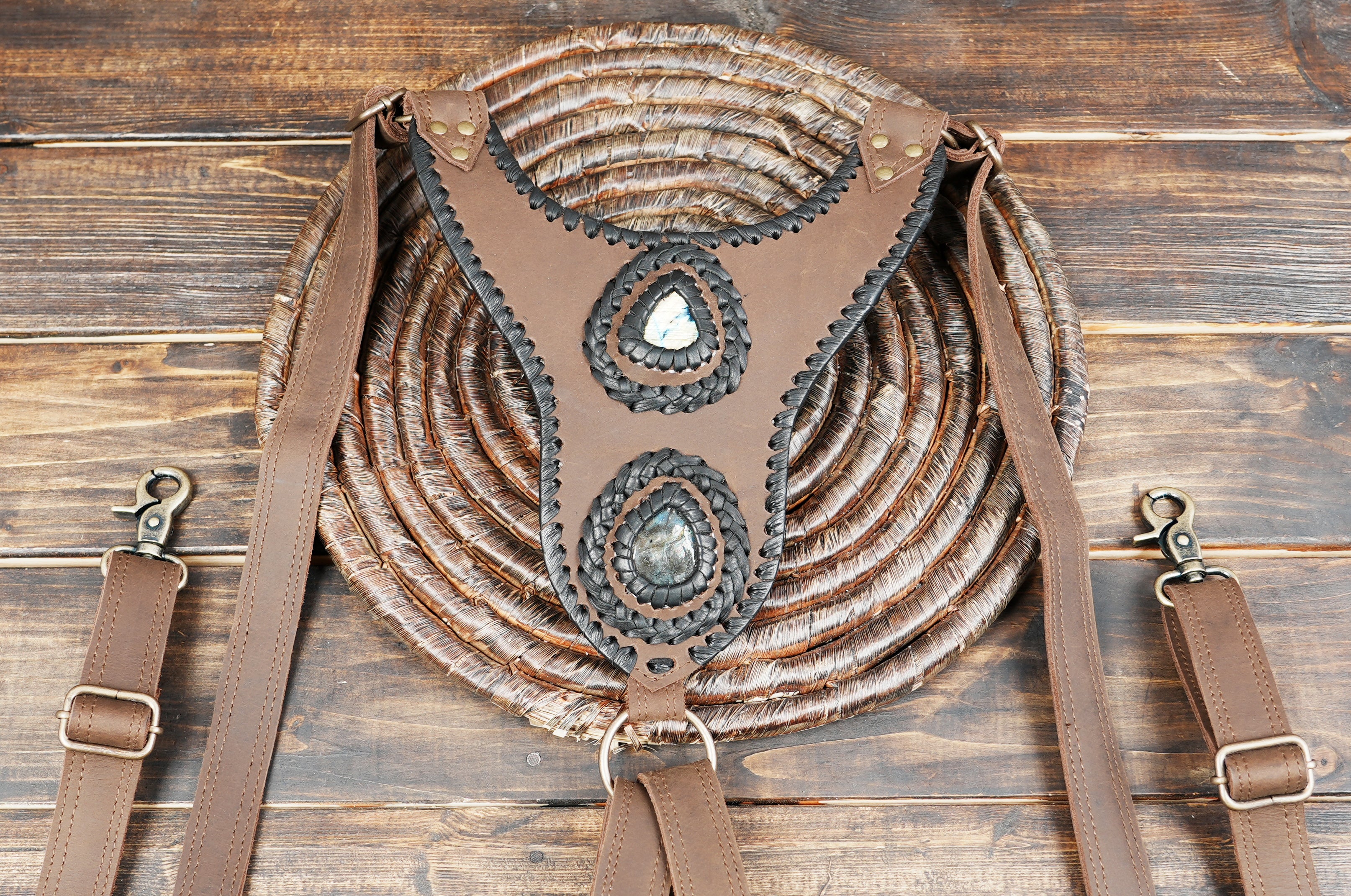 Genuine leather dual pouch holster with natural stone accents