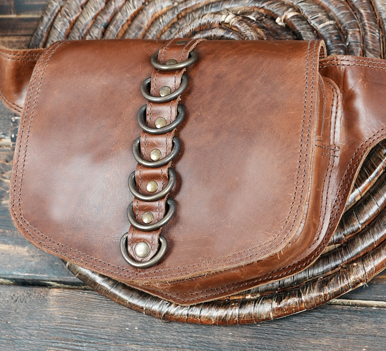 Premium brown leather hip belt with adjustable buckle strap