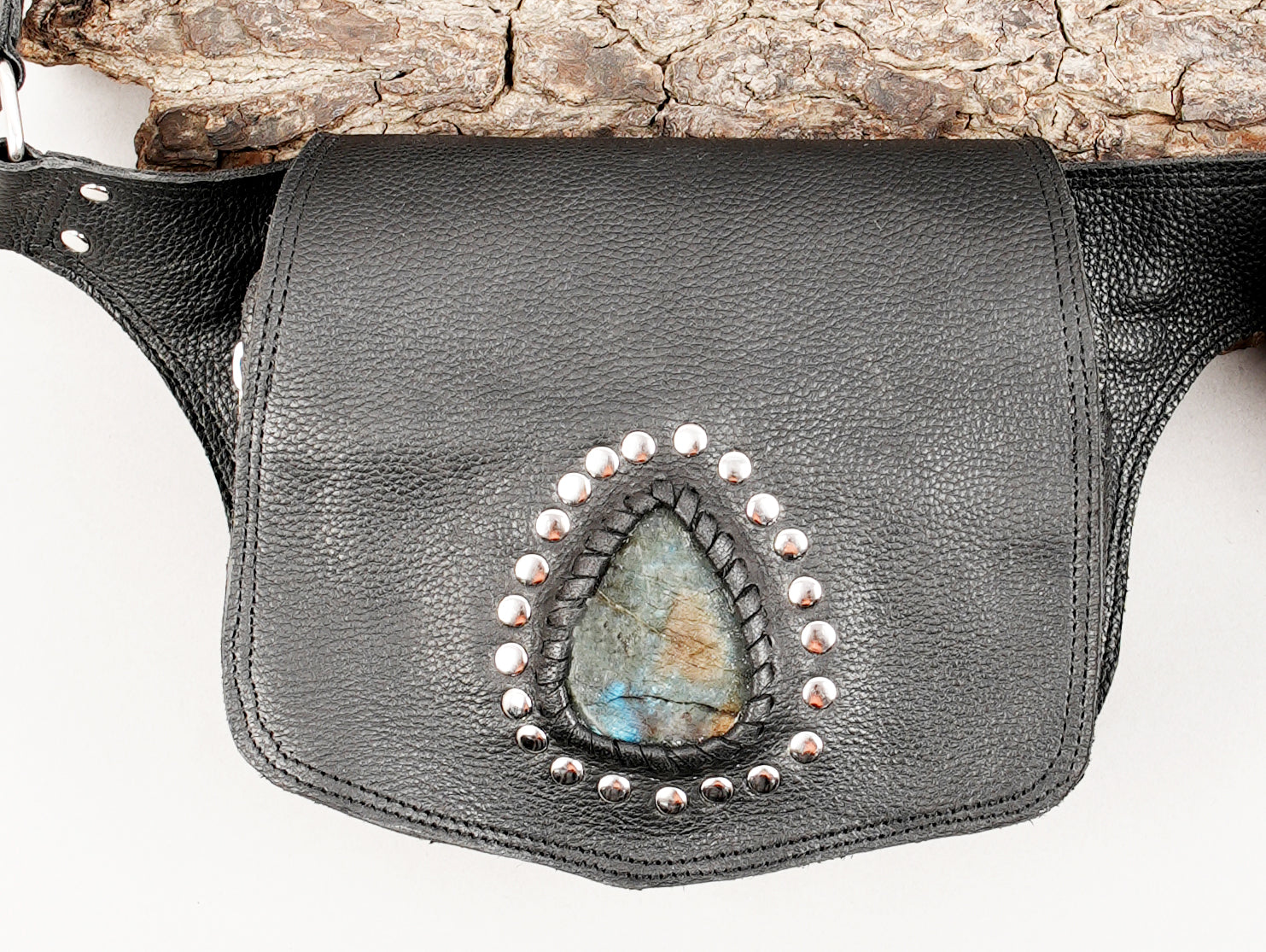 Black leather waist belt bag with decorative stone detail
