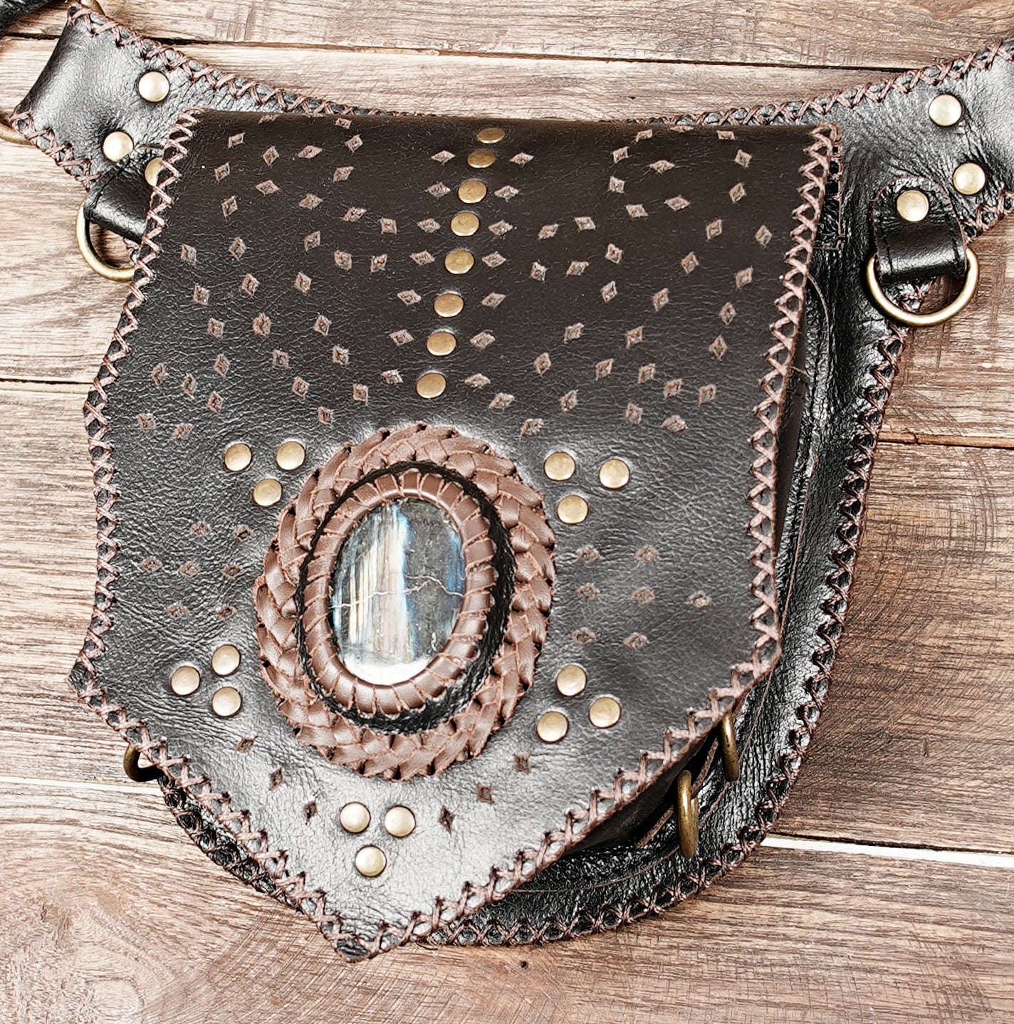 Handmade Leather Waist Belt with Gemstone Pouch || Genuine Leather Waist Belt with Decorative Stone Accent (LT/AB/WB/6153)