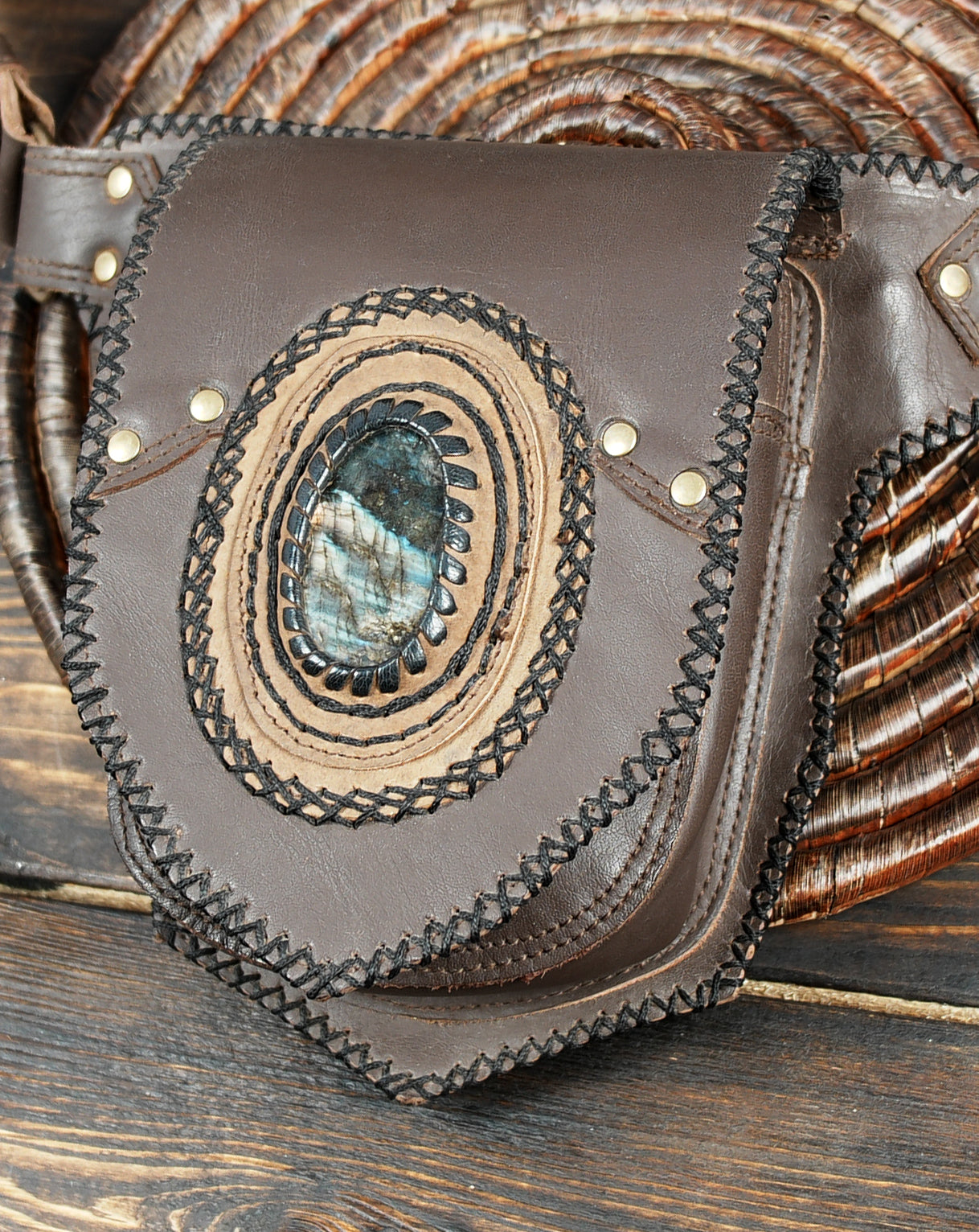 Boho leather waist belt with tribal gemstone detail