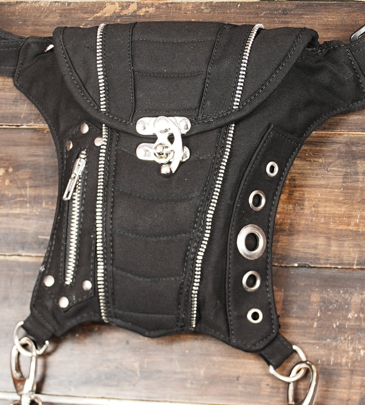 Black Utility Hip Bag with Thigh Harness and Secure Zipper Compartments