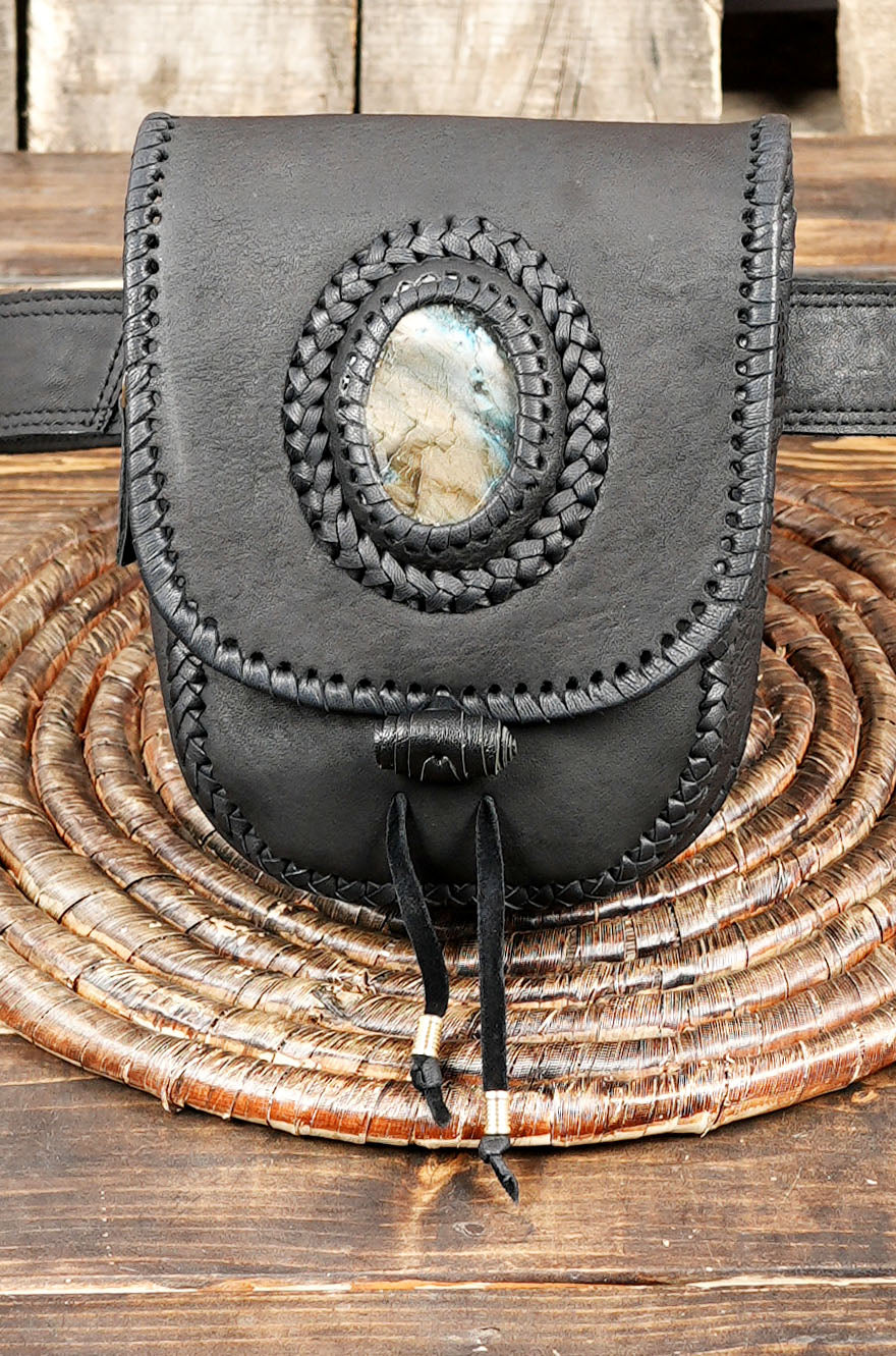 Western-style black leather hip pouch with Labradorite stone centerpiece