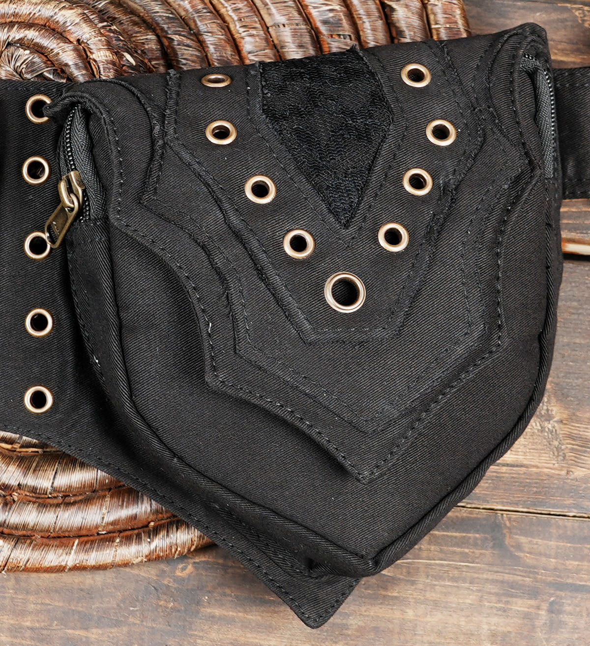 Handmade black canvas hip belt bag with zipper compartments