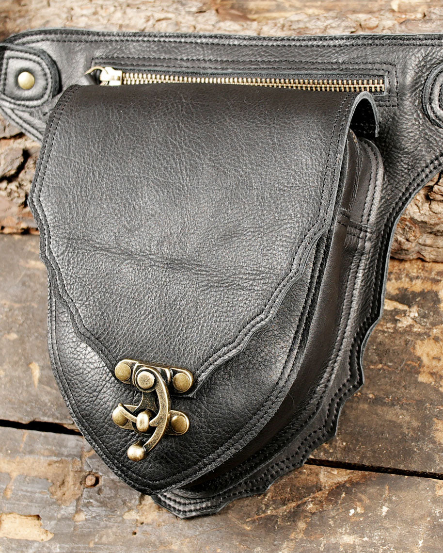 Genuine black leather hip belt with storage pouch
