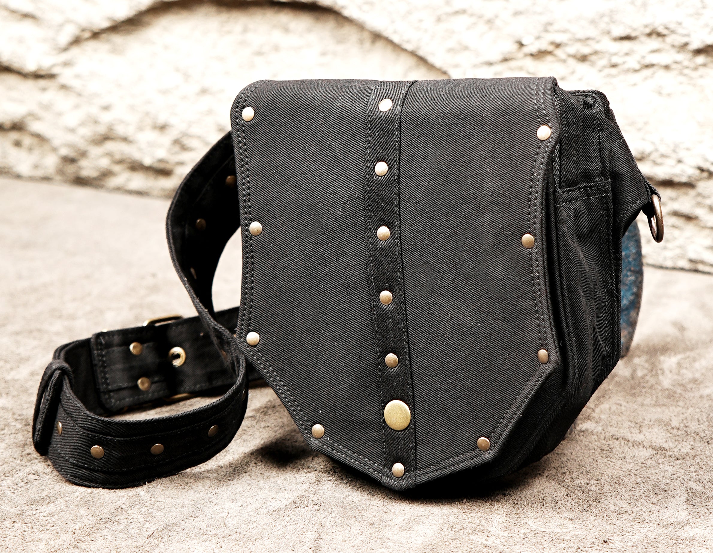 Witchy Vibe Belt Bag - Black Canvas Hip Pouch with Shield Shape and Studs