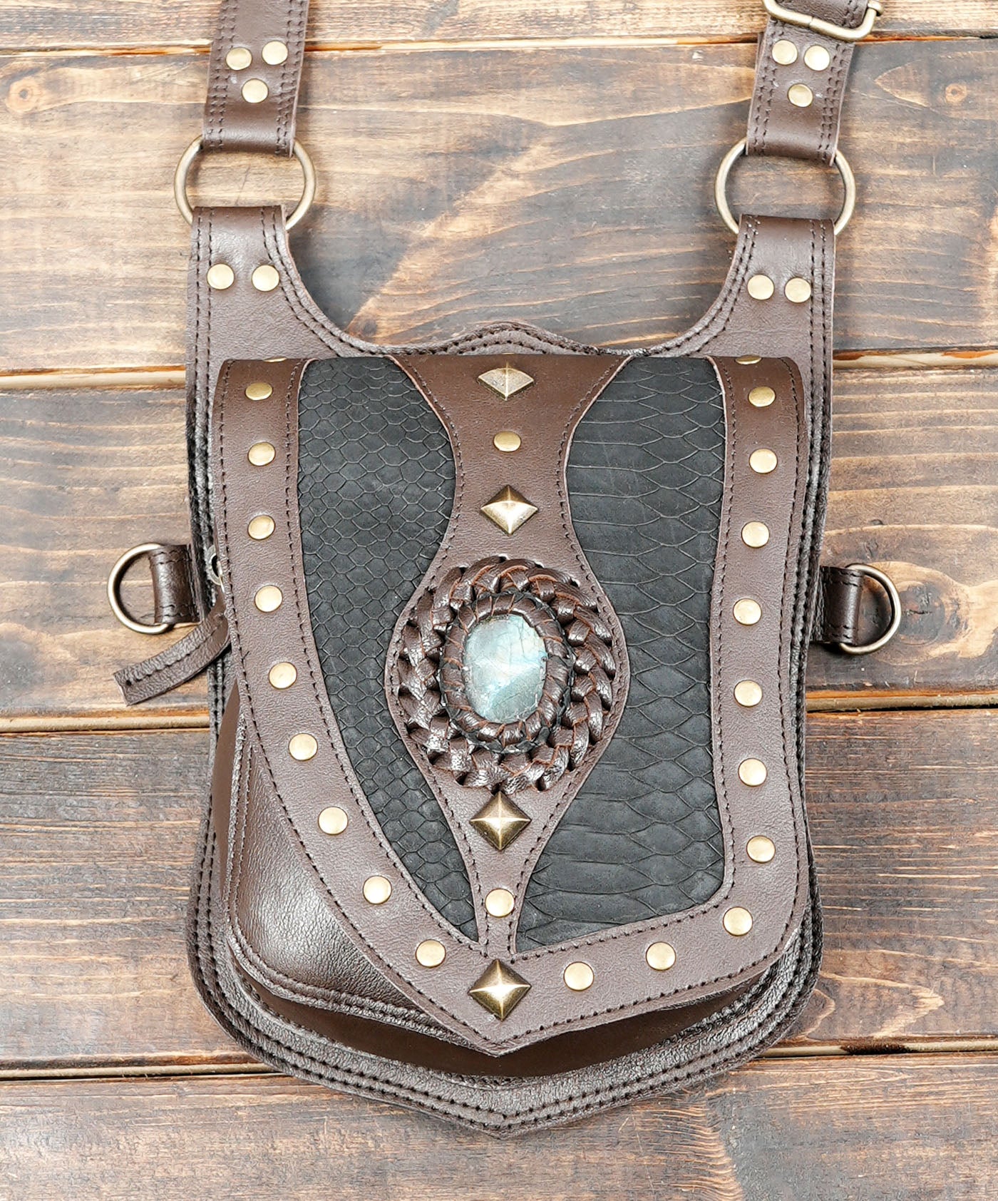 Handmade Leather Harness with Gemstone – Burning Man & Cosplay Dual Pouch Holster