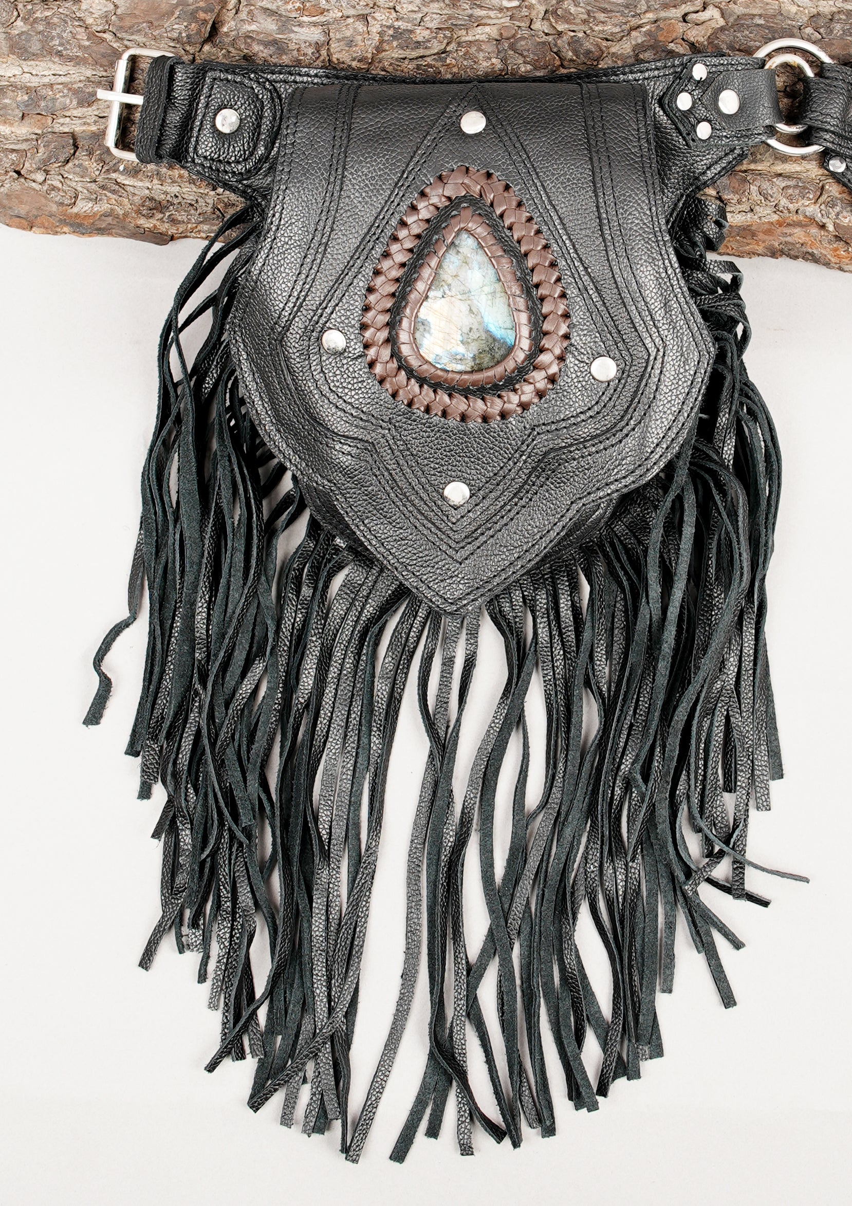 Black leather waist belt with dual fringe pouches and gemstone detail