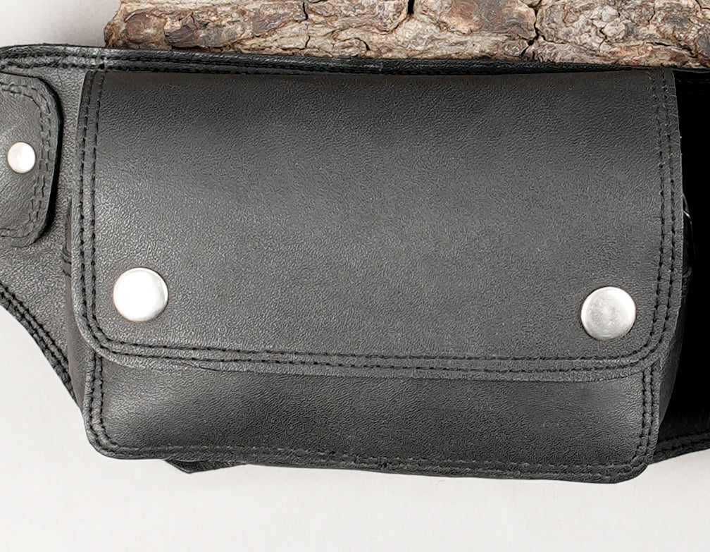 Black leather utility belt with adjustable strap and snap pockets