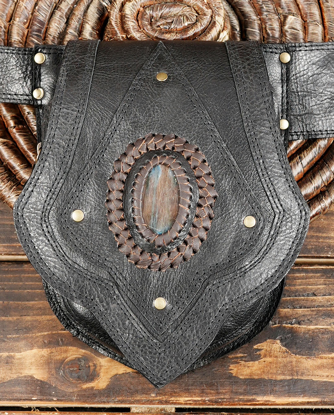 Handmade Black Tribal Leather Waist Belt with labradorite gemstone – Gothic Boho Hip Bag with Stone Accents  (LT-AB-WB-6080)