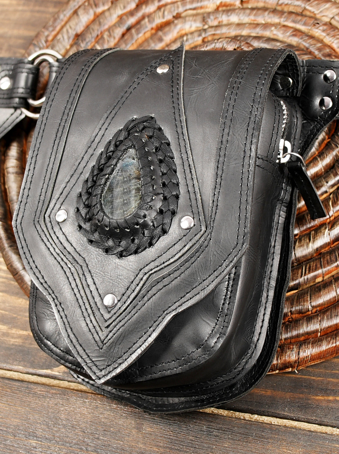 Genuine leather waist belt with two front storage pouches