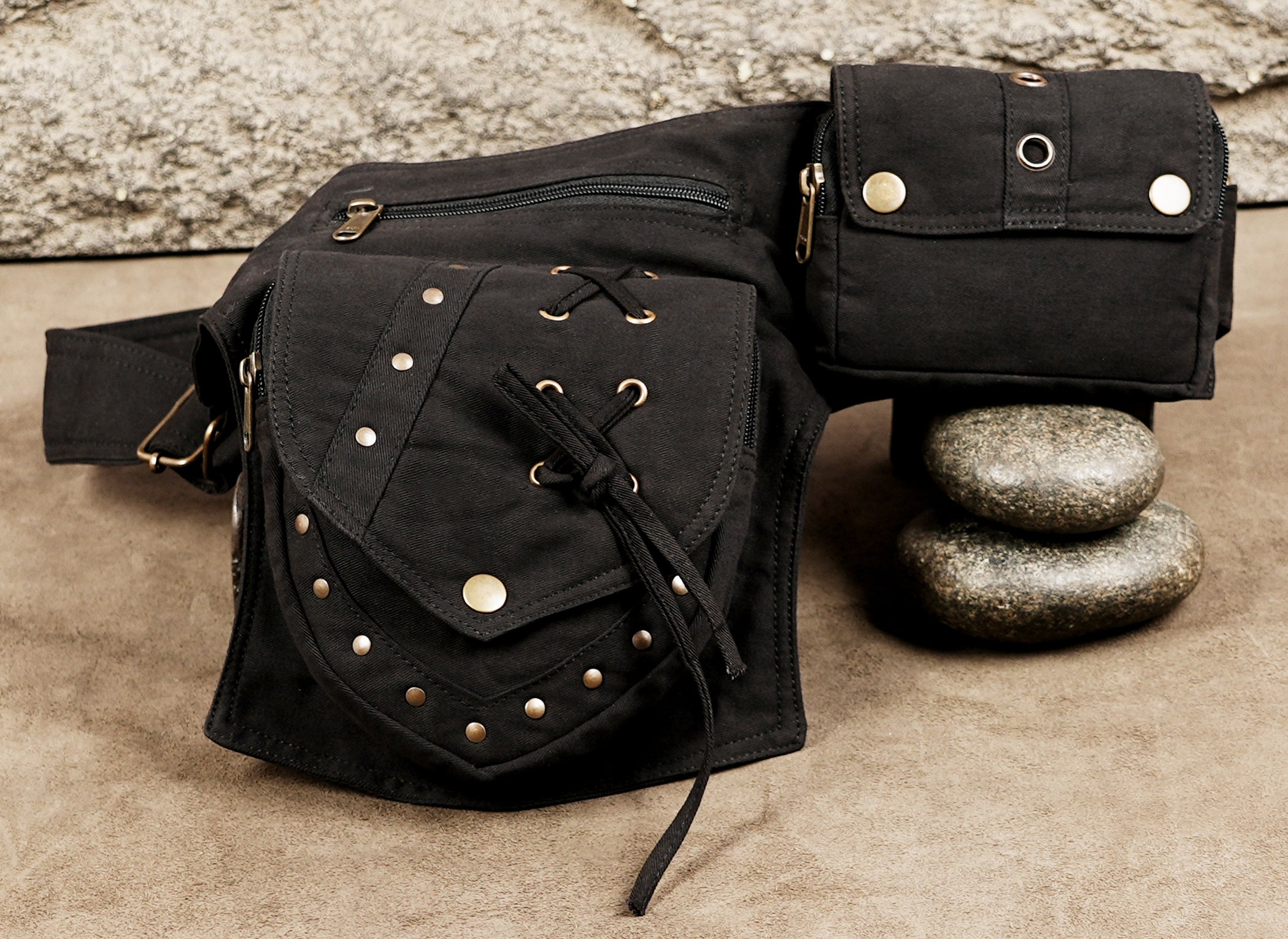 Cotton festival fanny pack in black with drawstring tie and studs