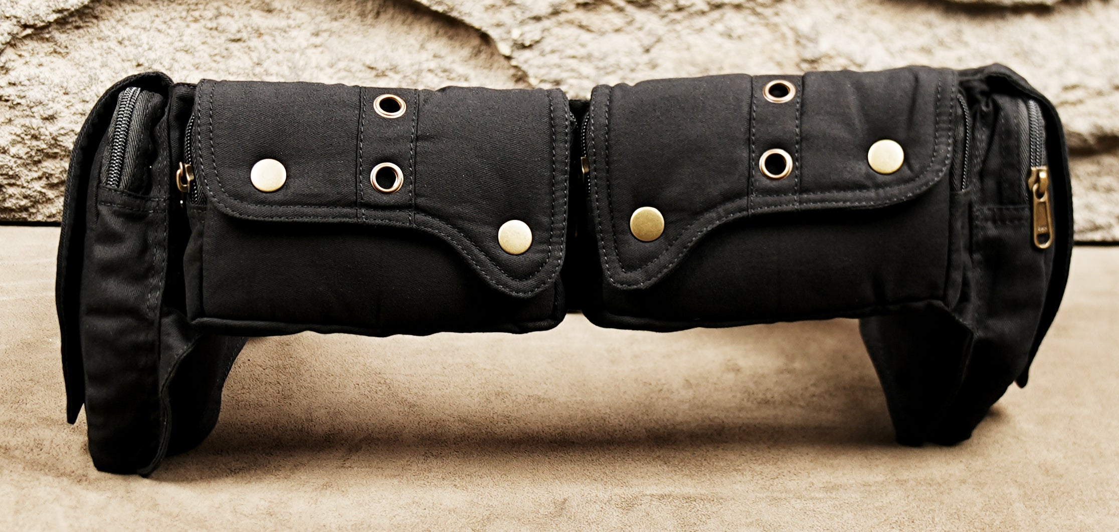 Black cotton thigh holster style pocket belt with brass snap buttons