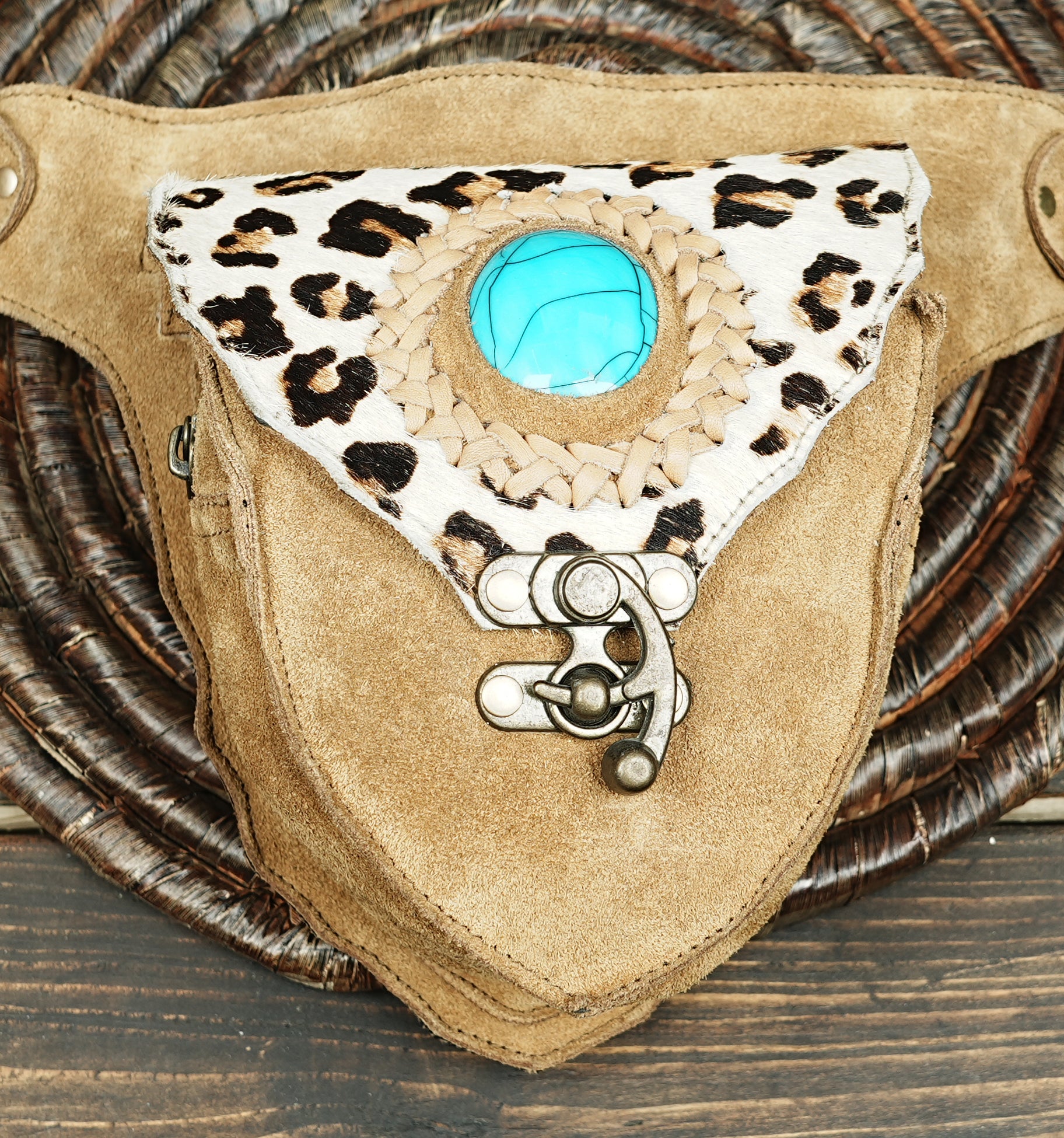 Boho suede leather waist belt with animal print and stone inlay