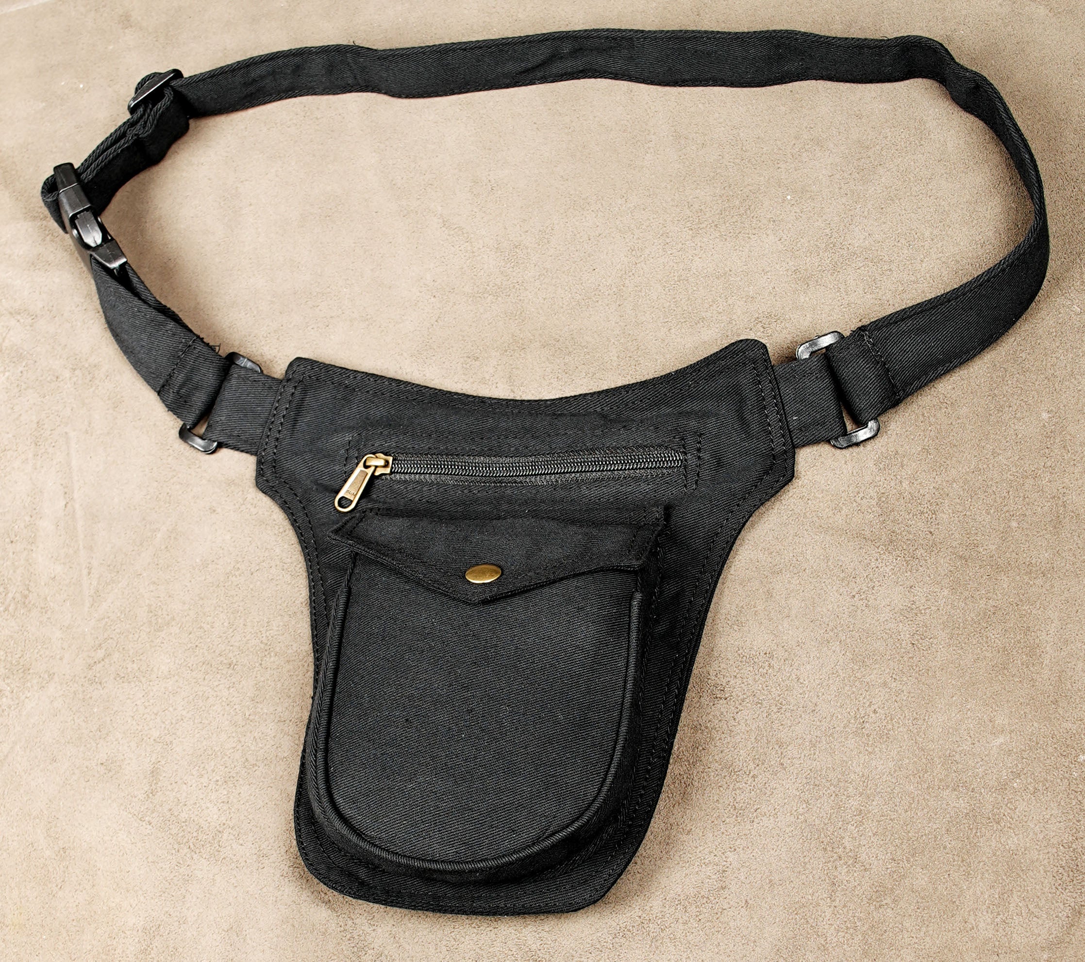 Cotton canvas hip bag with brass zipper and snap pocket