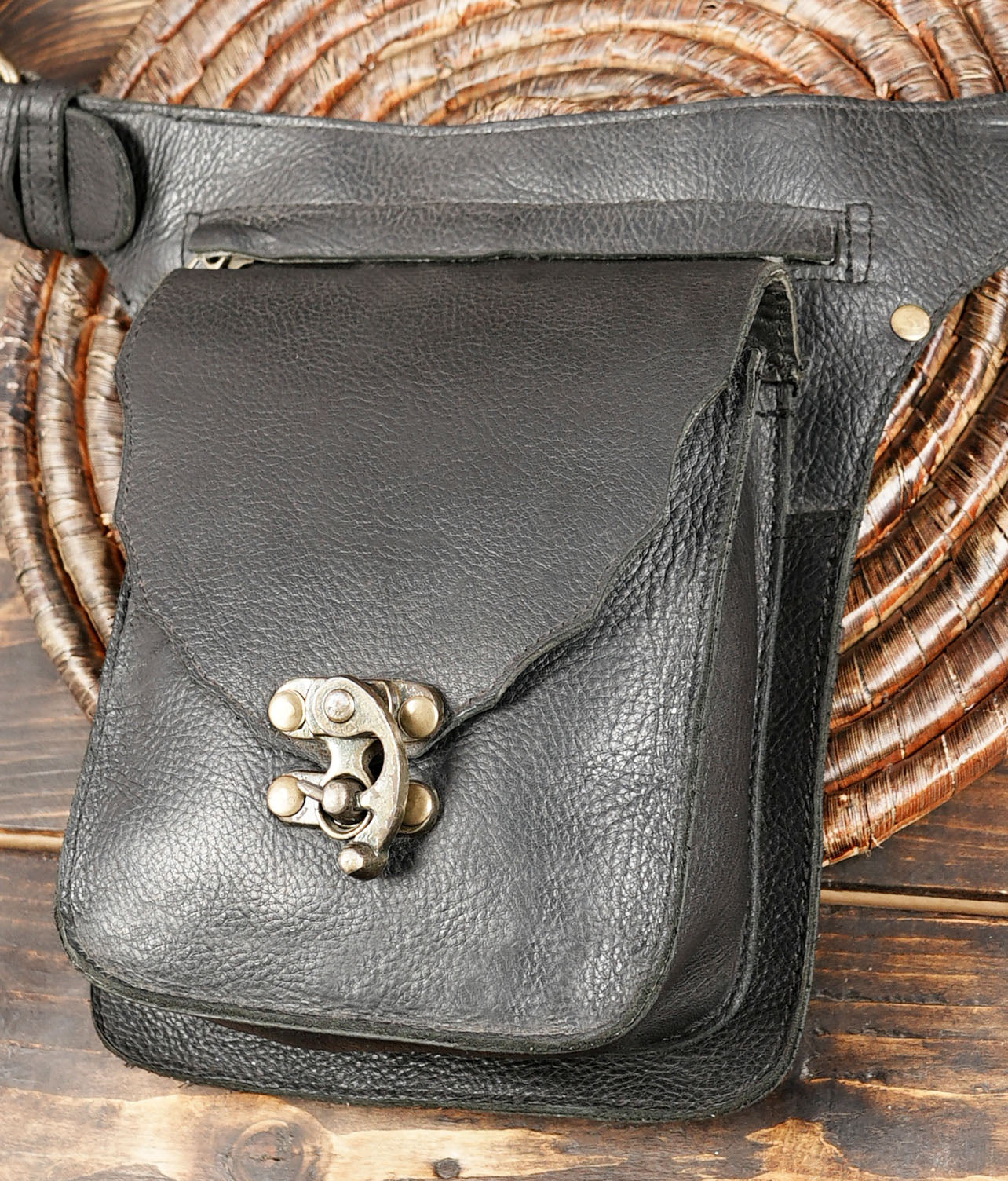 Handcrafted Black Leather Belt Bag with Rivet Detailing – Festival & Travel Ready with metal lock 