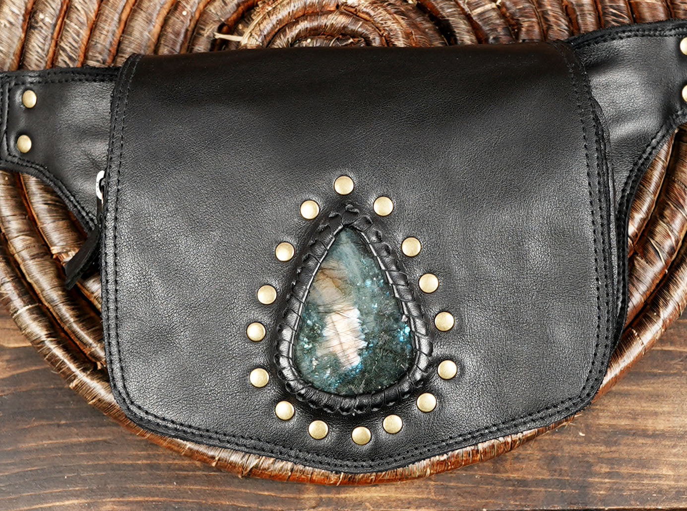 Handcrafted Black Leather Belt Bag with Gemstone Accents – Festival & Travel Ready with  metal fitting  