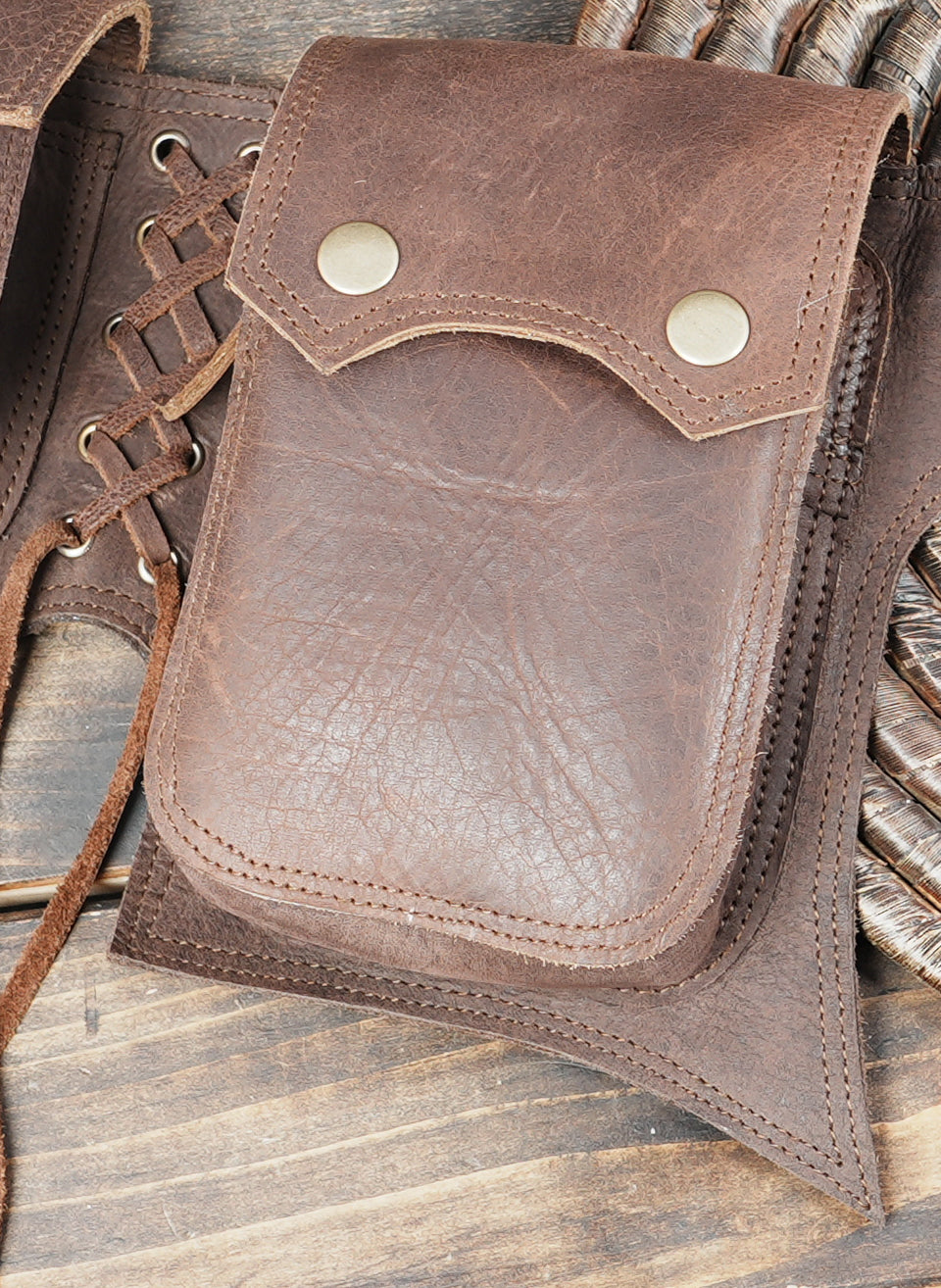 Boho style leather waist belt with storage pouches