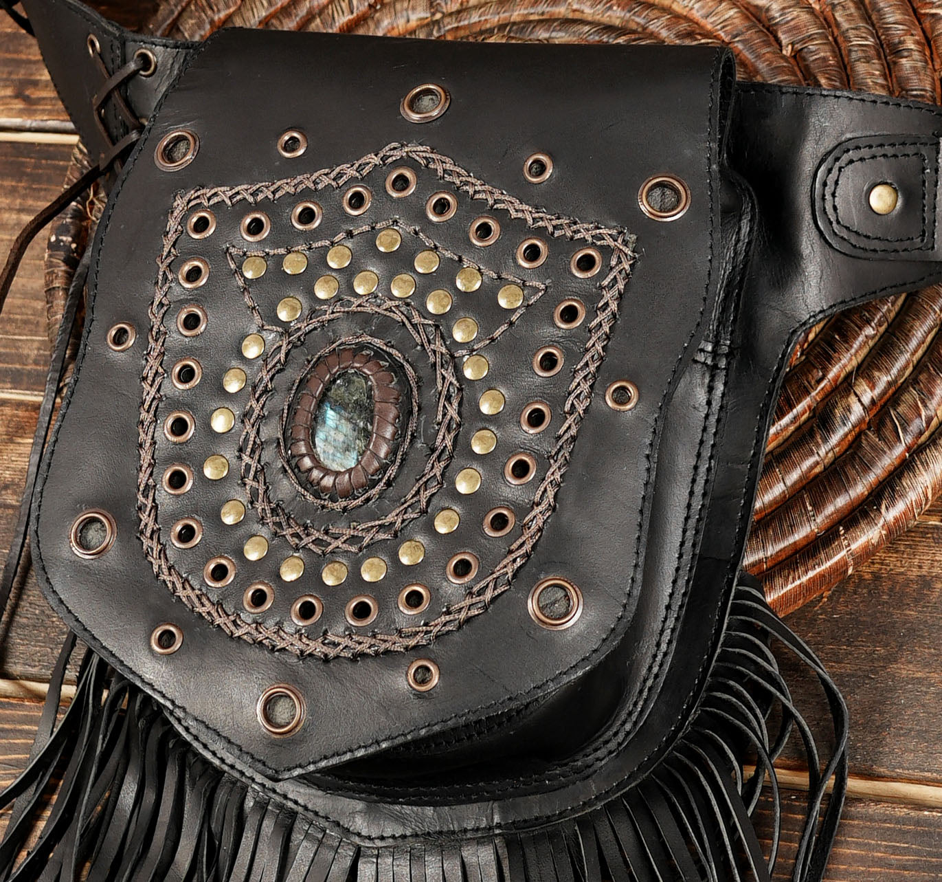 Handmade Genuine Leather Waist Belt with Gemstone || Gothic Boho Leather Belt Bag with Stone Centerpiece (LT-AB-WB-6124)