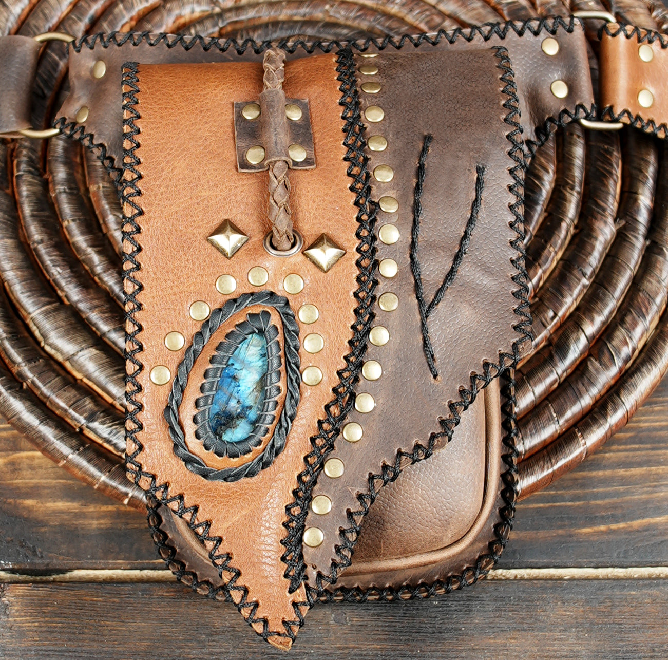 Handmade Leather Waist Belt with Utility Pouches || Boho Leather Waist Belt with Dual Pouches and Stone Detail (LT/AB/WB/6169)
