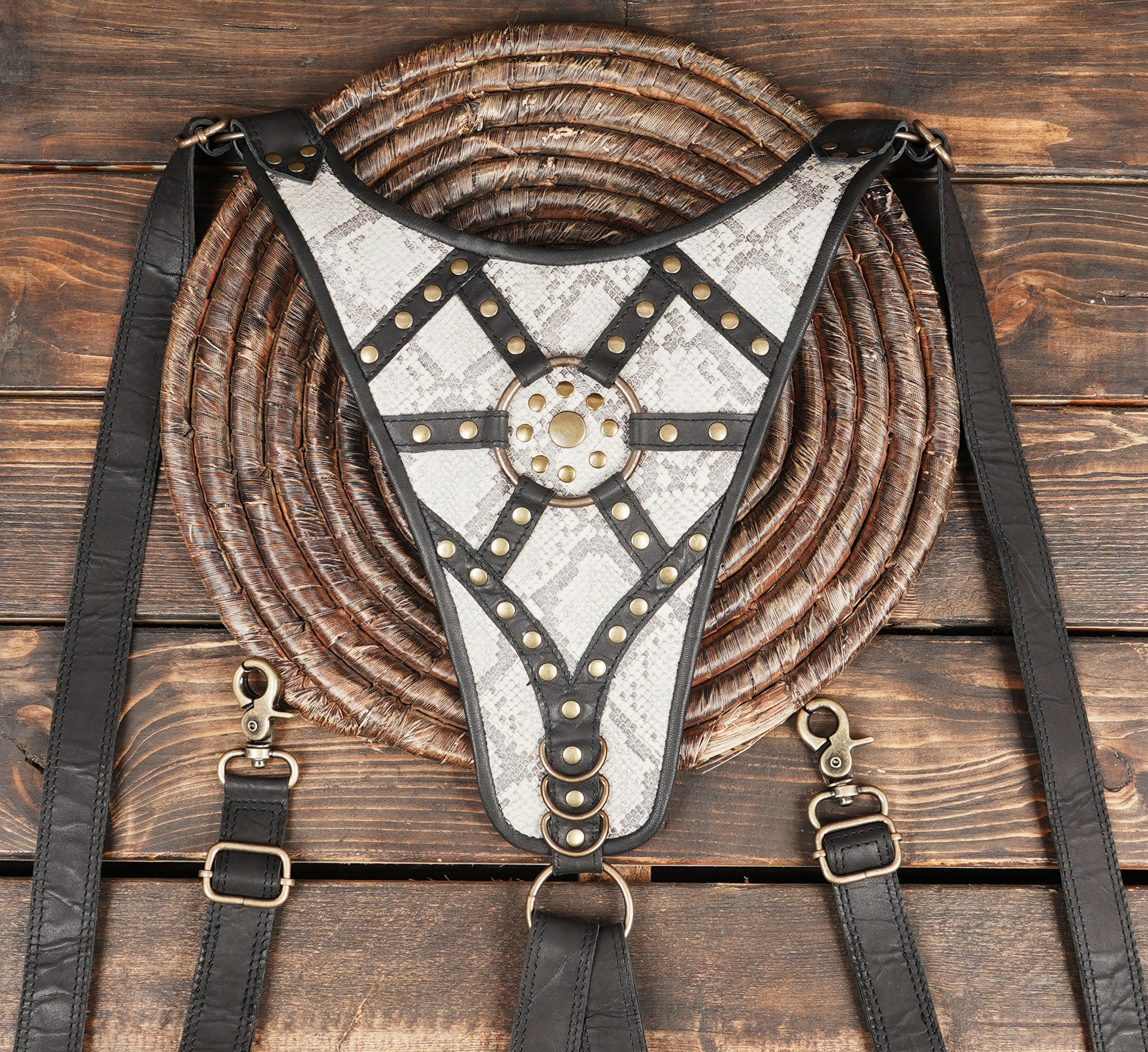 Handmade Black Leather & Snakeskin Holster | Gothic Cosplay Harness | Double Pocket Snakeskin Belt Bag (LT/AB/HLS/6154)