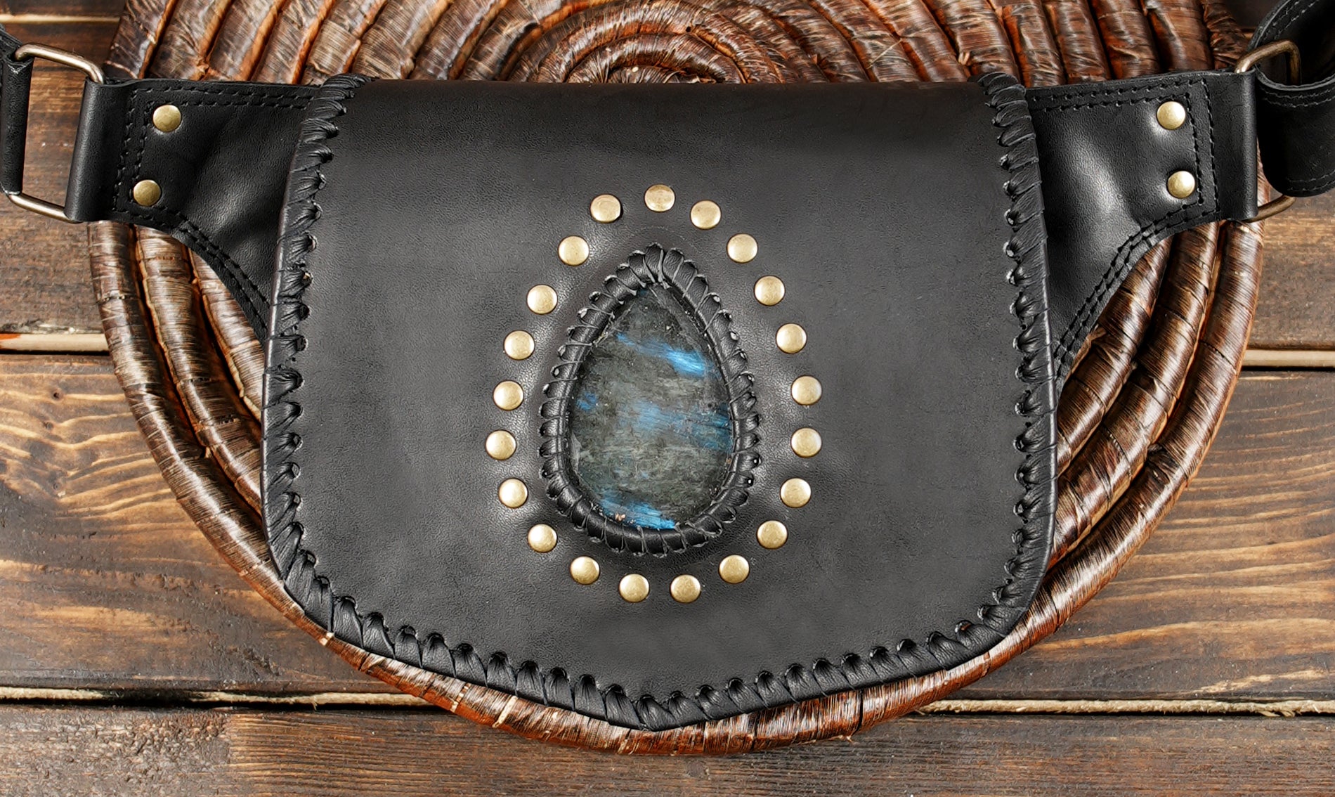 Buy Leather Waist Belt With Labradorite Gemstone and Stylish Studs