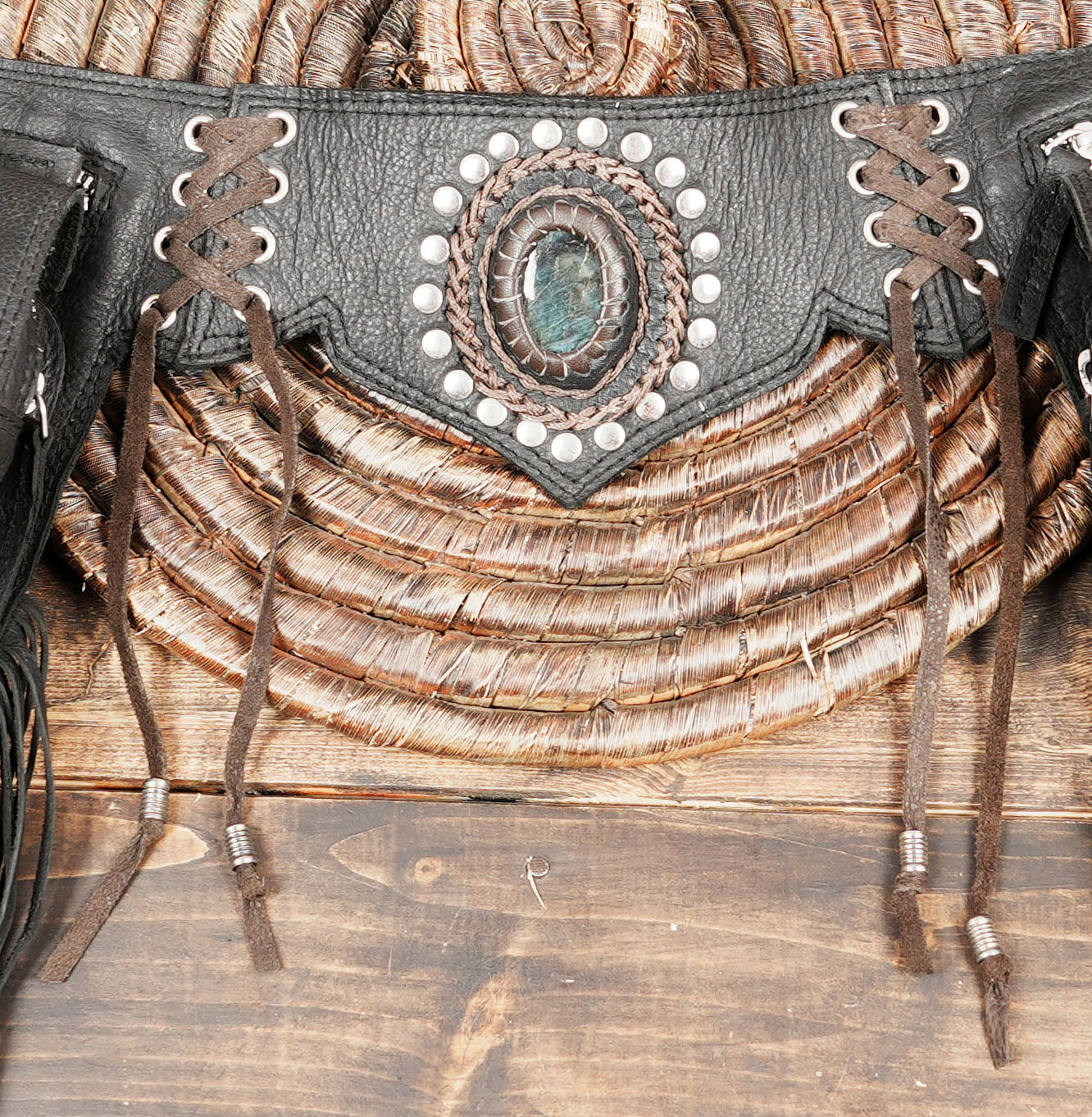 Genuine leather waist belt with double utility pouches and tassels